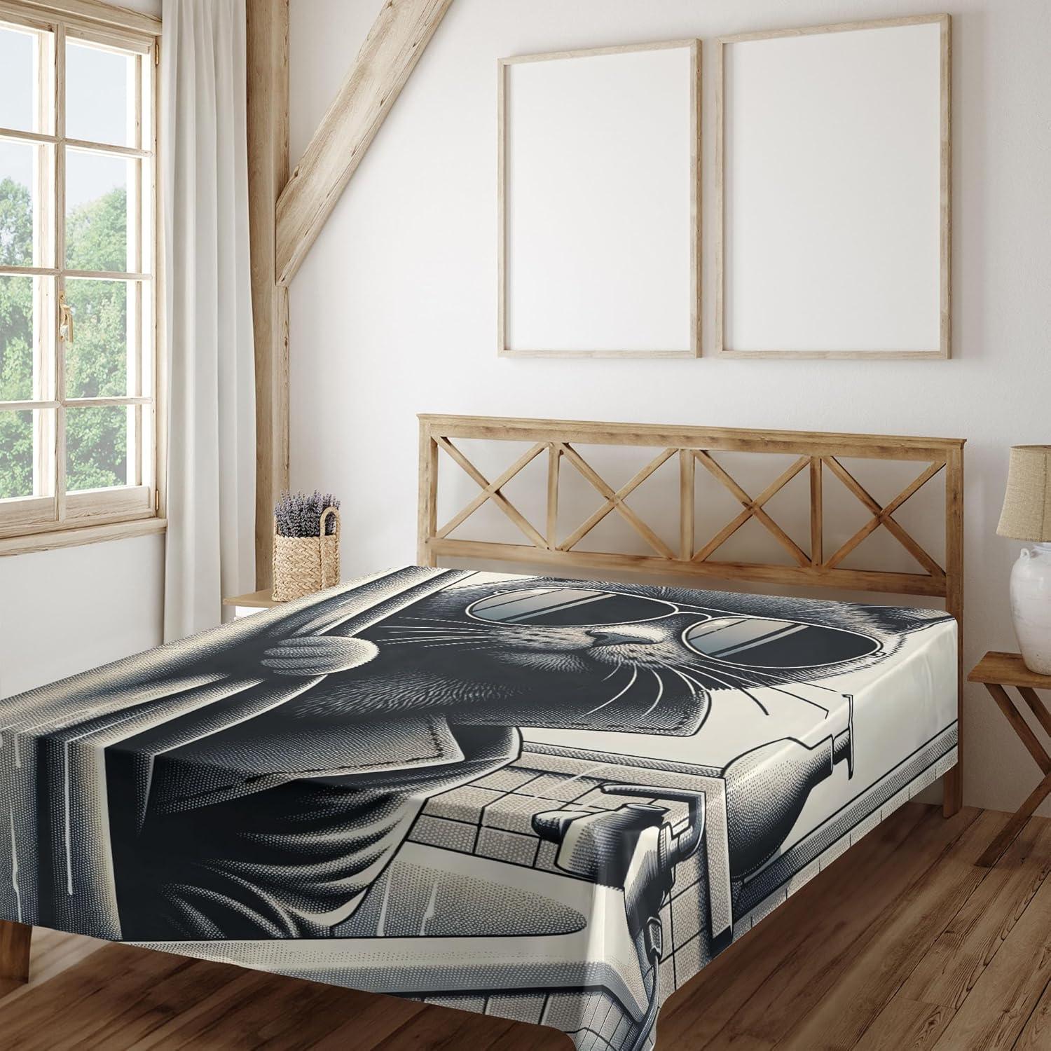 imageAmbesonne Cat Flat Sheet Romantic Date Night of Kitties Drinking Milkshake Cozy Night Scene Valentines Soft and Comfortable Top Sheet Decorative Bedding 1 Piece Full Size Dark Blue ApricotDark Grey Pale Sepia