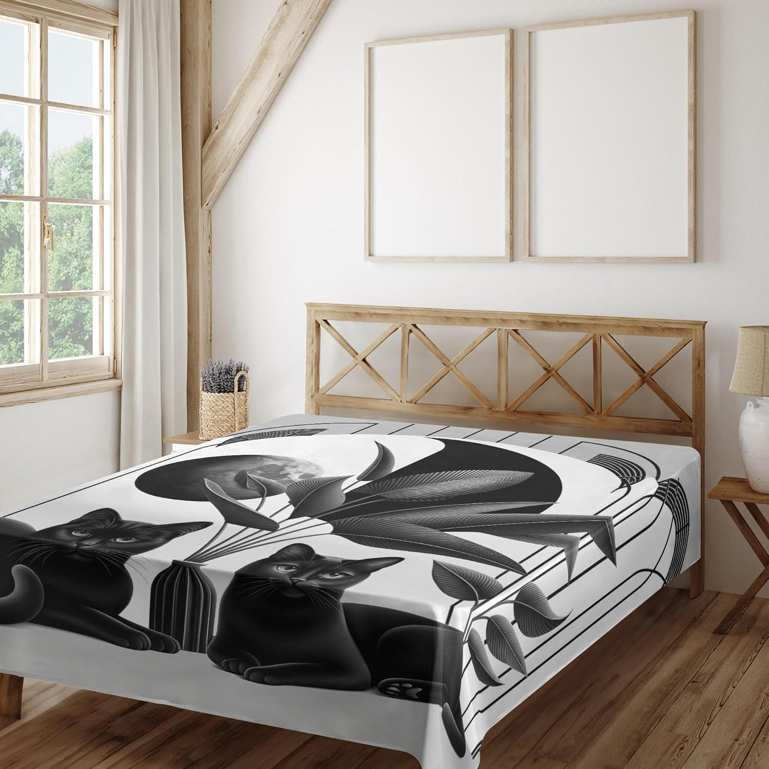 imageAmbesonne Cat Flat Sheet Romantic Date Night of Kitties Drinking Milkshake Cozy Night Scene Valentines Soft and Comfortable Top Sheet Decorative Bedding 1 Piece Full Size Dark Blue ApricotPale Grey Charcoal Grey
