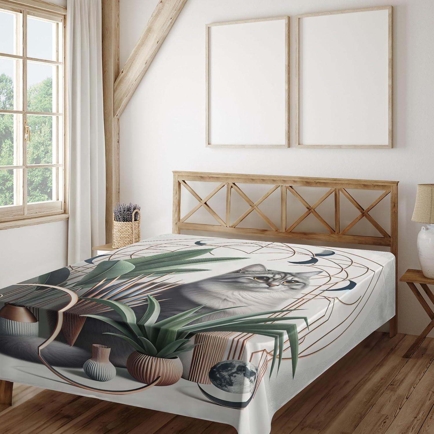 imageAmbesonne Cat Flat Sheet Romantic Date Night of Kitties Drinking Milkshake Cozy Night Scene Valentines Soft and Comfortable Top Sheet Decorative Bedding 1 Piece Full Size Dark Blue ApricotGrey Green Pale Rust