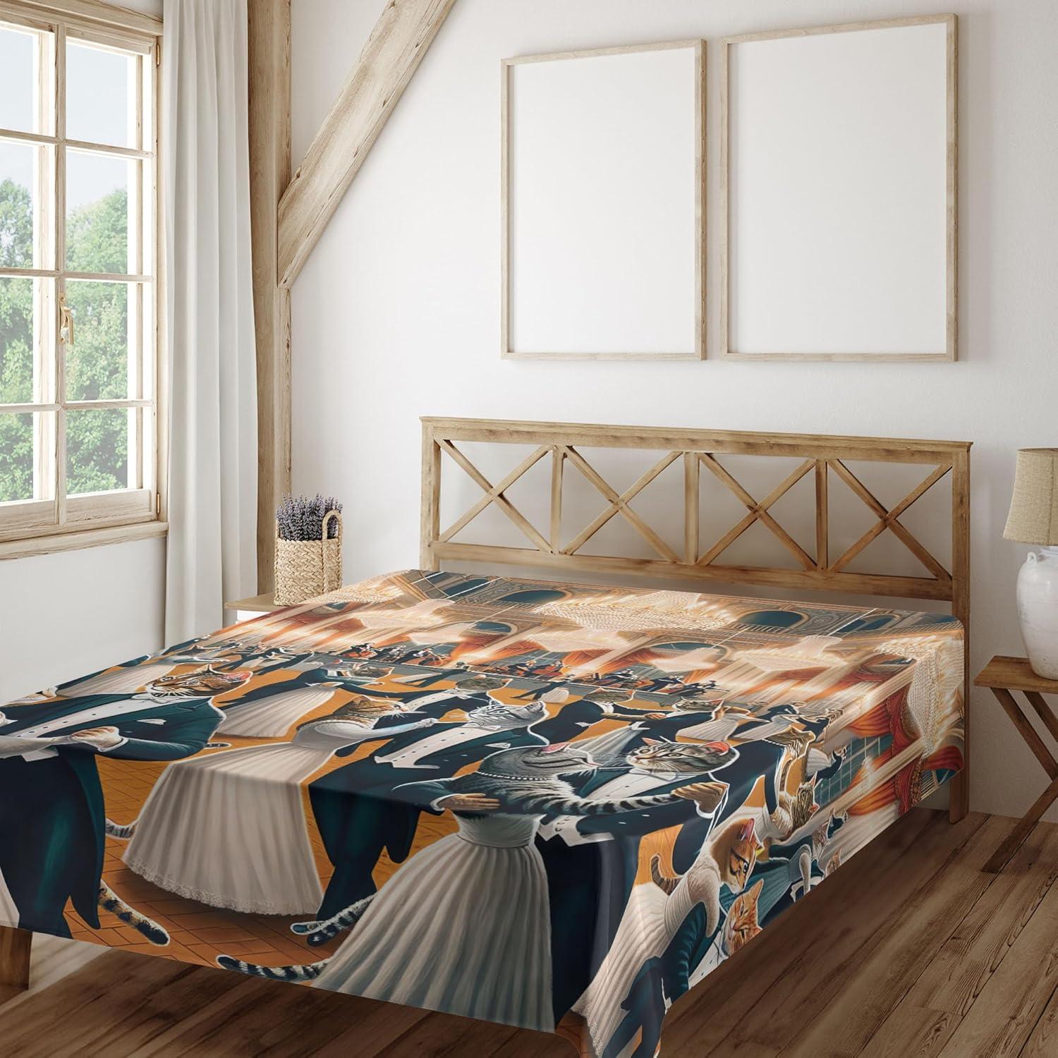 imageAmbesonne Cat Flat Sheet Romantic Date Night of Kitties Drinking Milkshake Cozy Night Scene Valentines Soft and Comfortable Top Sheet Decorative Bedding 1 Piece Full Size Dark Blue ApricotPetrol Blue and Orange
