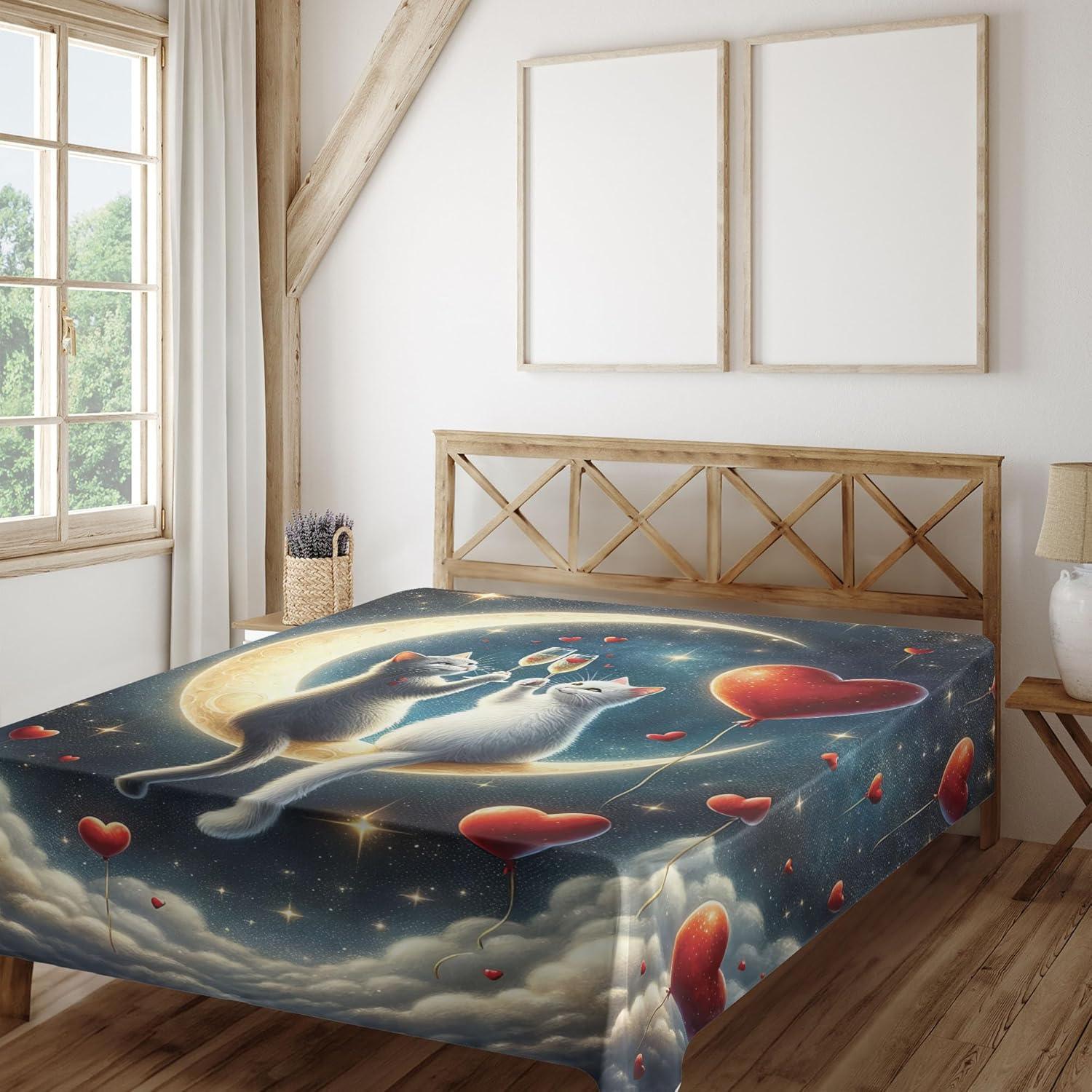 imageAmbesonne Cat Flat Sheet Romantic Date Night of Kitties Drinking Milkshake Cozy Night Scene Valentines Soft and Comfortable Top Sheet Decorative Bedding 1 Piece Full Size Dark Blue ApricotDark Night Blue Vermilion