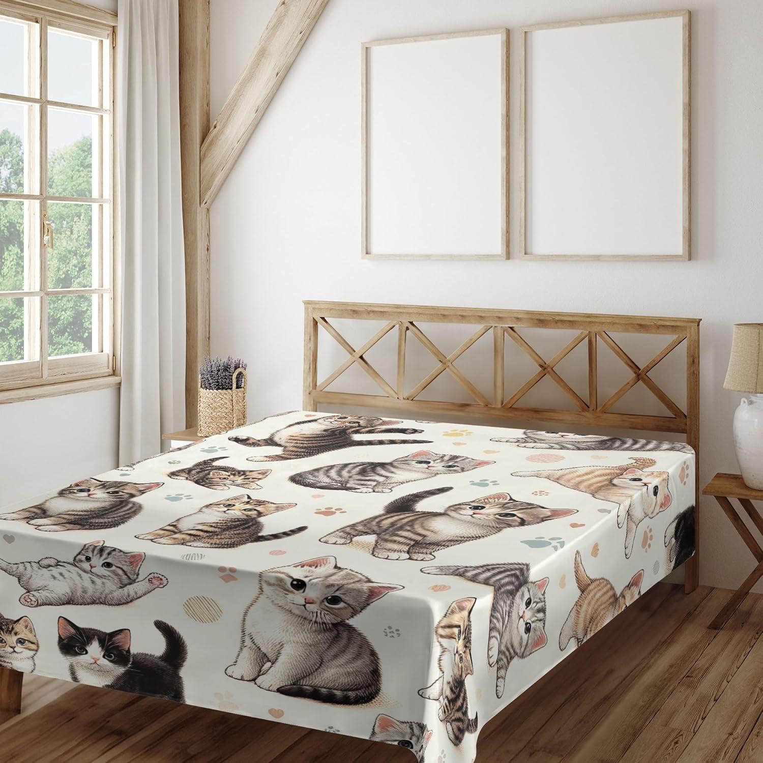 imageAmbesonne Cat Flat Sheet Romantic Date Night of Kitties Drinking Milkshake Cozy Night Scene Valentines Soft and Comfortable Top Sheet Decorative Bedding 1 Piece Full Size Dark Blue ApricotOff White Taupe and Grey