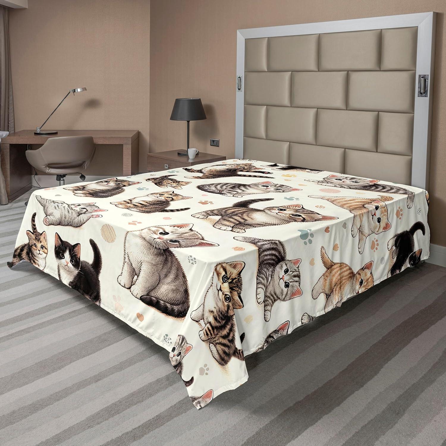 imageAmbesonne Cat Flat Sheet Romantic Date Night of Kitties Drinking Milkshake Cozy Night Scene Valentines Soft and Comfortable Top Sheet Decorative Bedding 1 Piece Full Size Dark Blue ApricotOff White Taupe and Grey