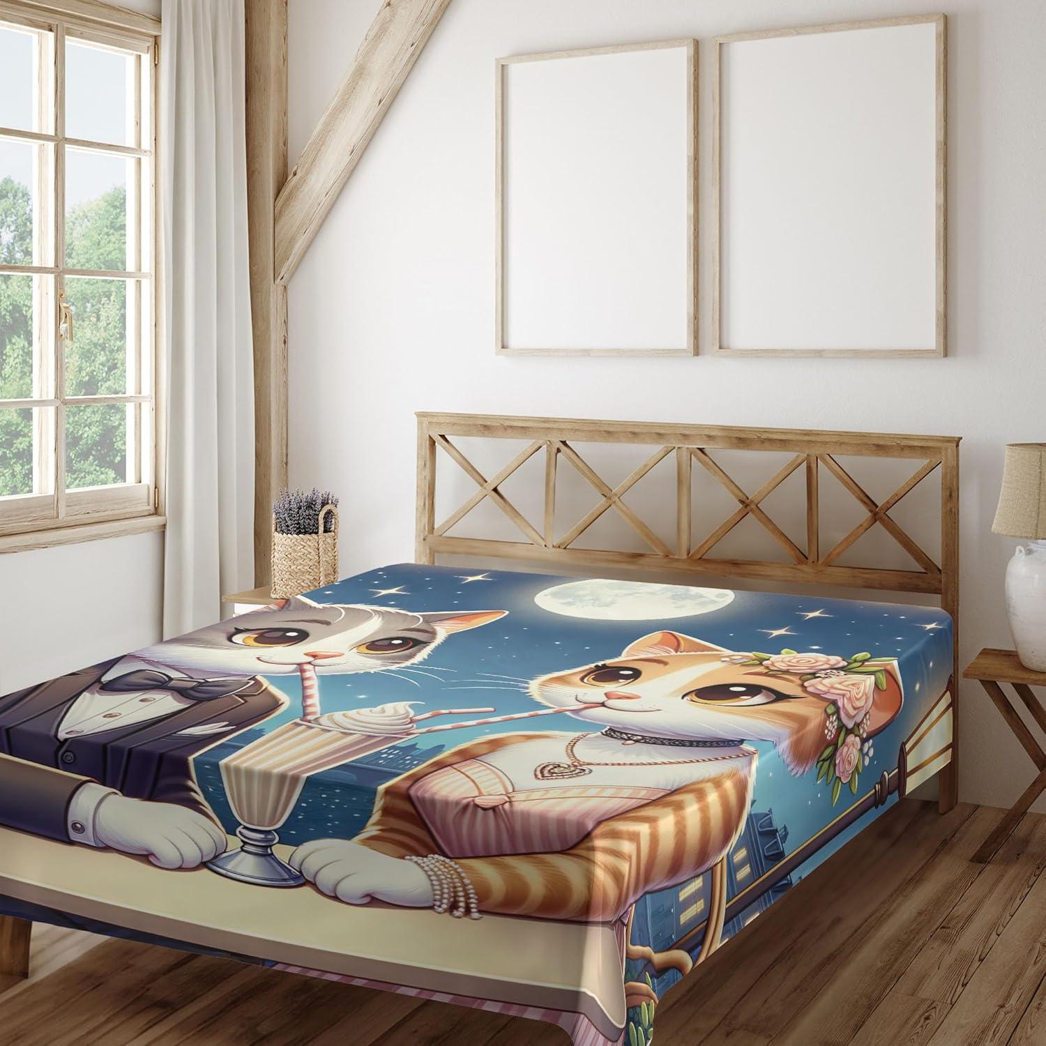 imageAmbesonne Cat Flat Sheet Romantic Date Night of Kitties Drinking Milkshake Cozy Night Scene Valentines Soft and Comfortable Top Sheet Decorative Bedding 1 Piece Full Size Dark Blue ApricotDark Blue Apricot