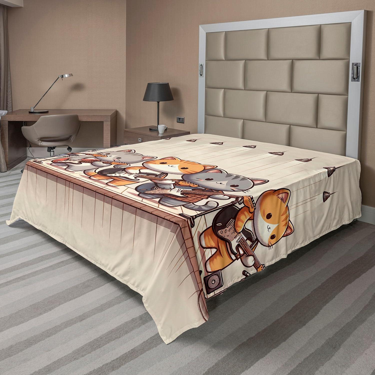 imageAmbesonne Cat Flat Sheet Romantic Date Night of Kitties Drinking Milkshake Cozy Night Scene Valentines Soft and Comfortable Top Sheet Decorative Bedding 1 Piece Full Size Dark Blue ApricotGrey Orange and Pale Tan