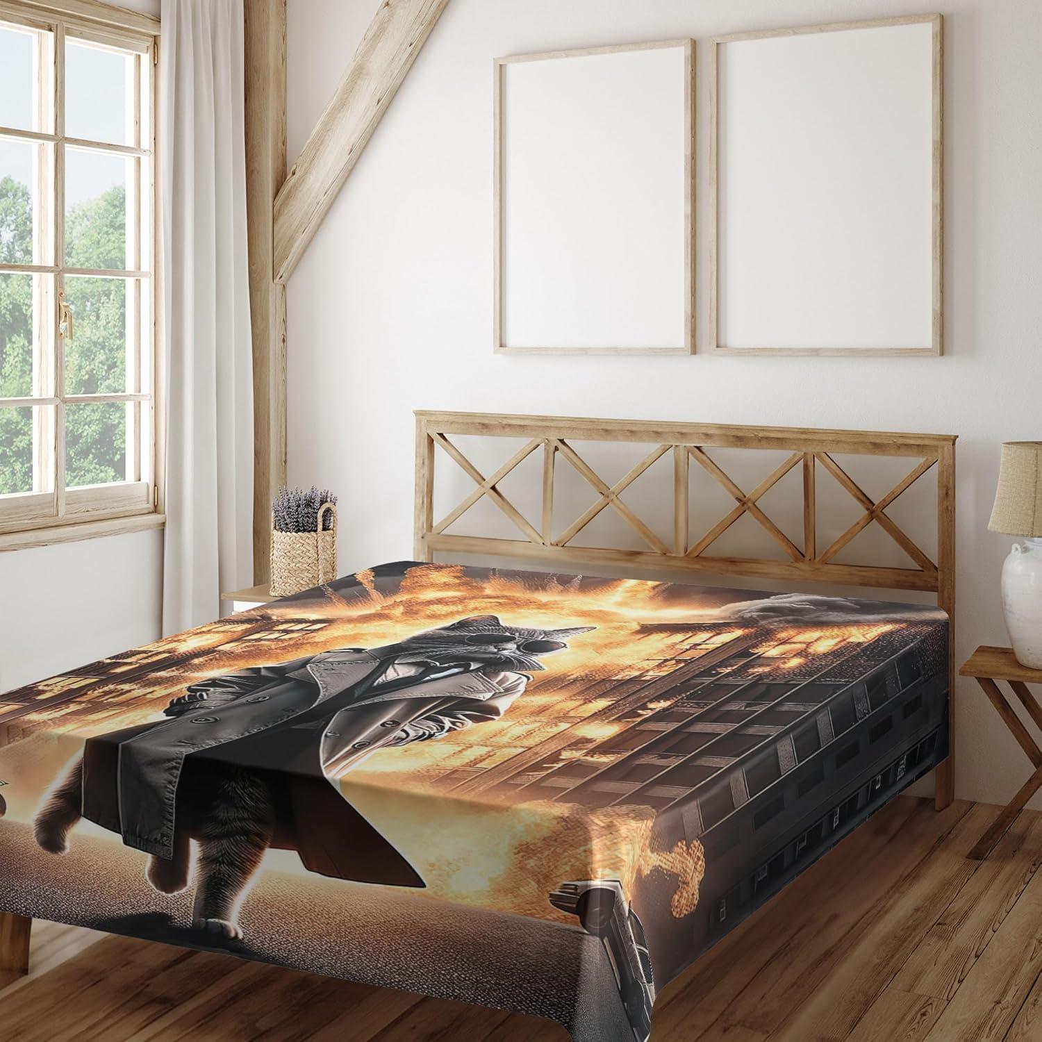 imageAmbesonne Cat Flat Sheet Romantic Date Night of Kitties Drinking Milkshake Cozy Night Scene Valentines Soft and Comfortable Top Sheet Decorative Bedding 1 Piece Full Size Dark Blue ApricotPale Orange and Dark Grey