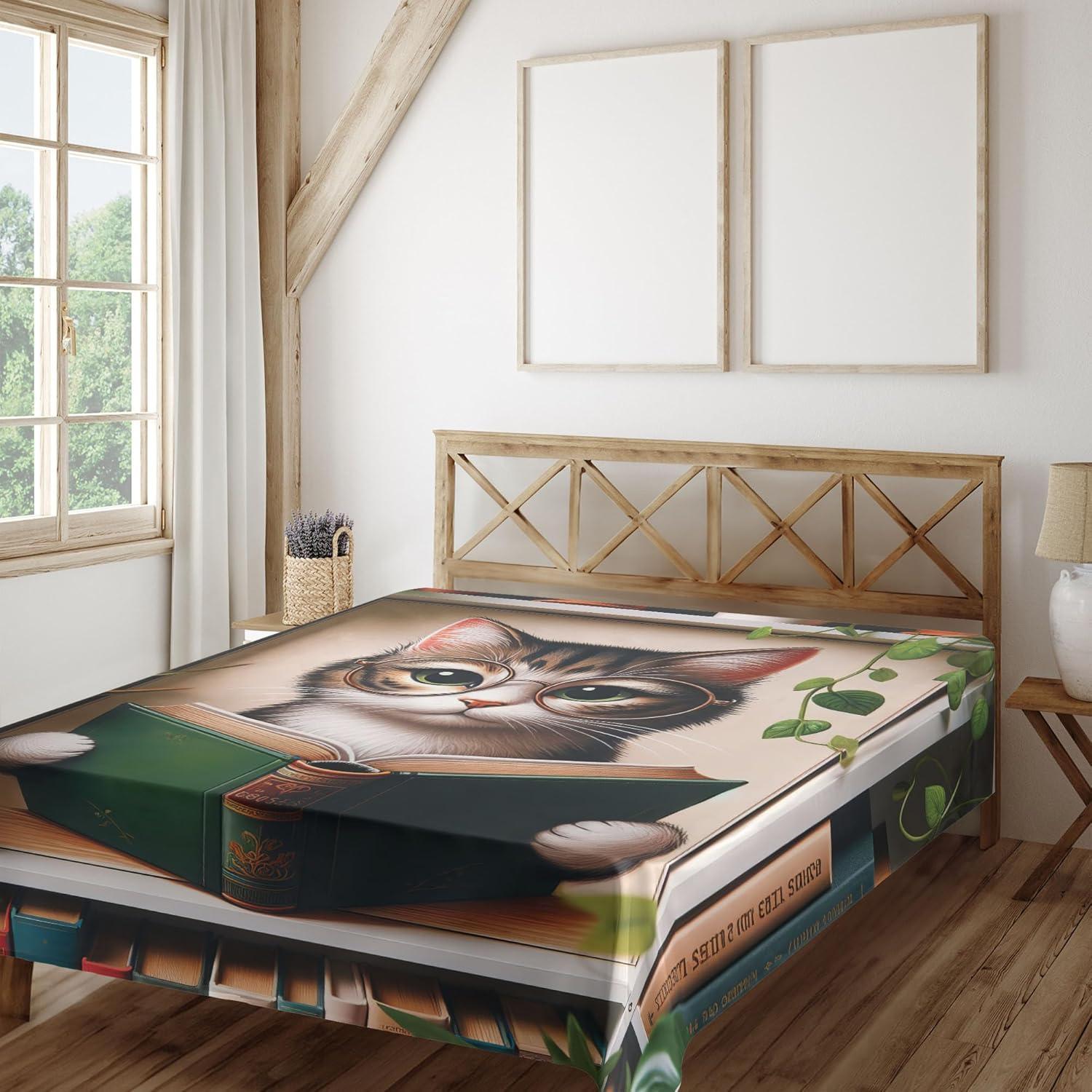 imageAmbesonne Cat Flat Sheet Romantic Date Night of Kitties Drinking Milkshake Cozy Night Scene Valentines Soft and Comfortable Top Sheet Decorative Bedding 1 Piece Full Size Dark Blue ApricotGreen Paprika Beige