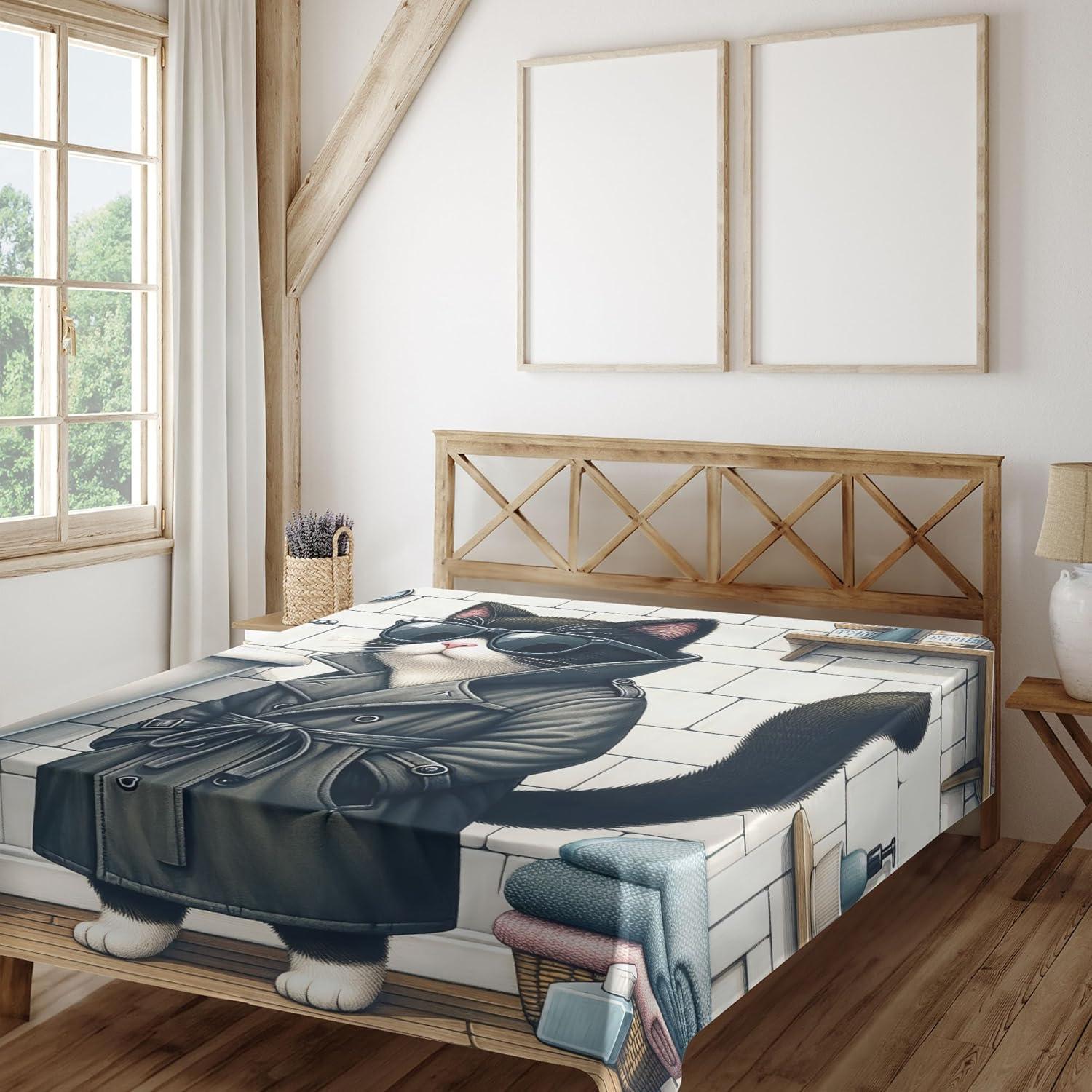 imageAmbesonne Cat Flat Sheet Romantic Date Night of Kitties Drinking Milkshake Cozy Night Scene Valentines Soft and Comfortable Top Sheet Decorative Bedding 1 Piece Full Size Dark Blue ApricotCharcoal Grey White