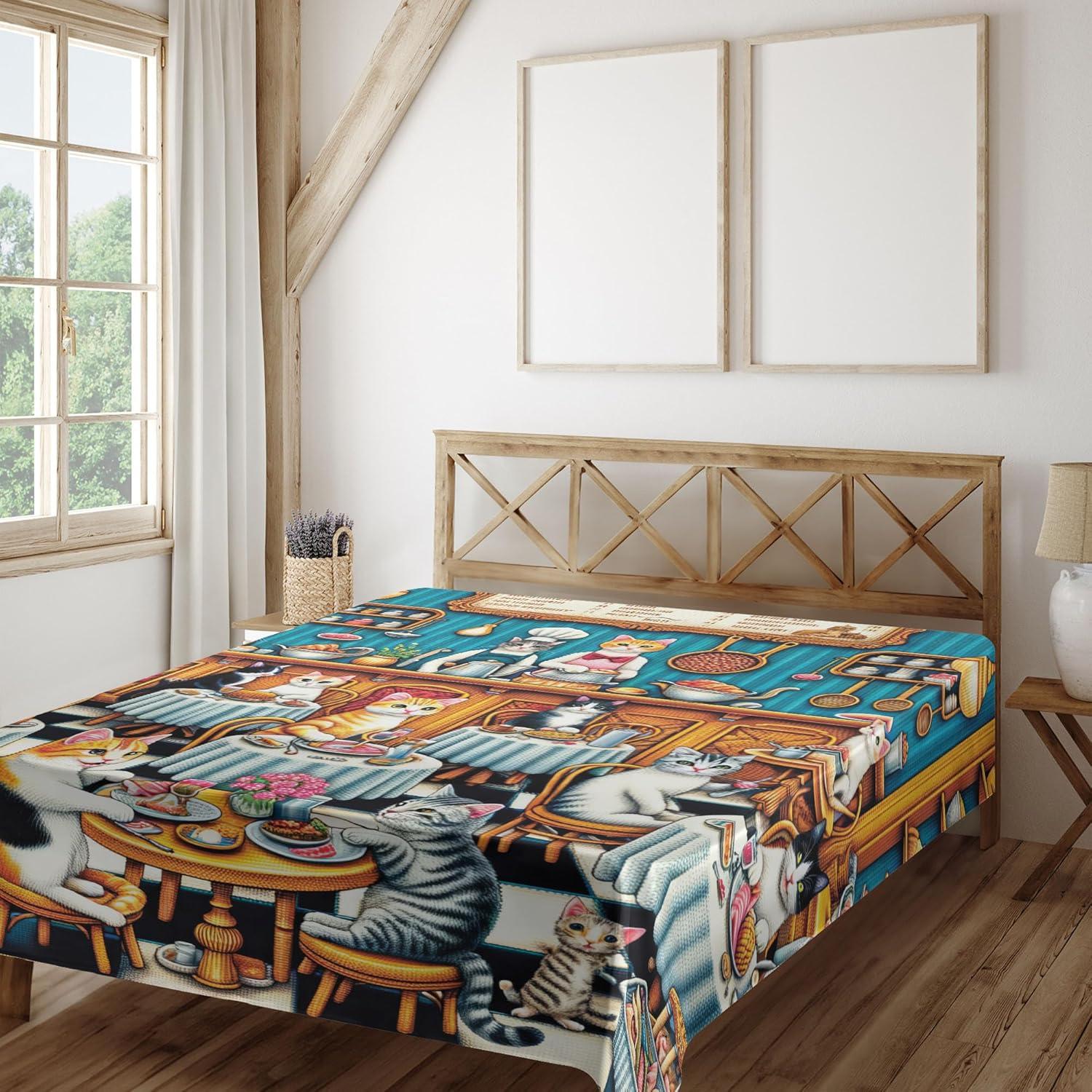 imageAmbesonne Cat Flat Sheet Romantic Date Night of Kitties Drinking Milkshake Cozy Night Scene Valentines Soft and Comfortable Top Sheet Decorative Bedding 1 Piece Full Size Dark Blue ApricotSea Blue and Marigold