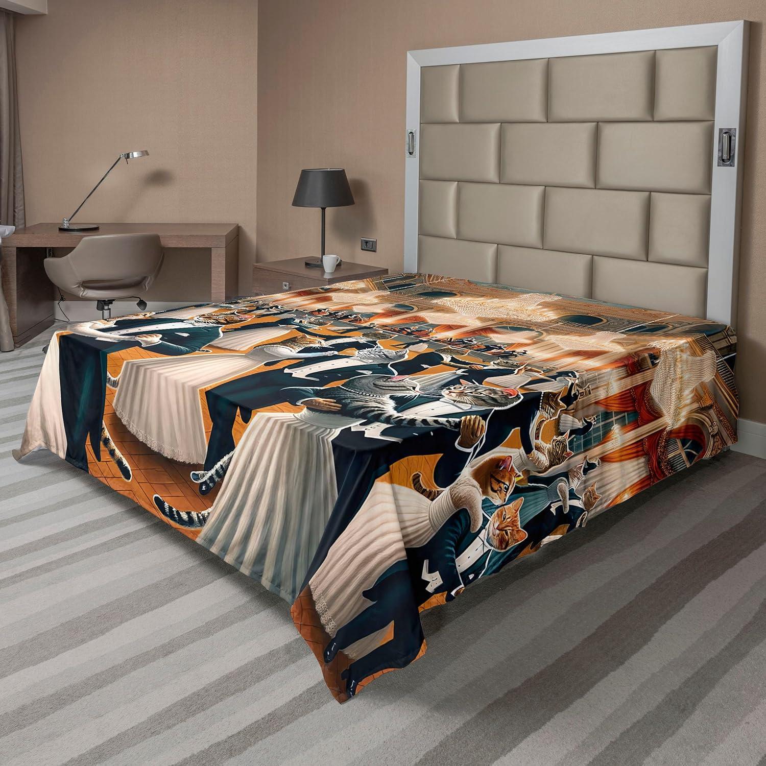imageAmbesonne Cat Flat Sheet Romantic Date Night of Kitties Drinking Milkshake Cozy Night Scene Valentines Soft and Comfortable Top Sheet Decorative Bedding 1 Piece Full Size Dark Blue ApricotPetrol Blue and Orange