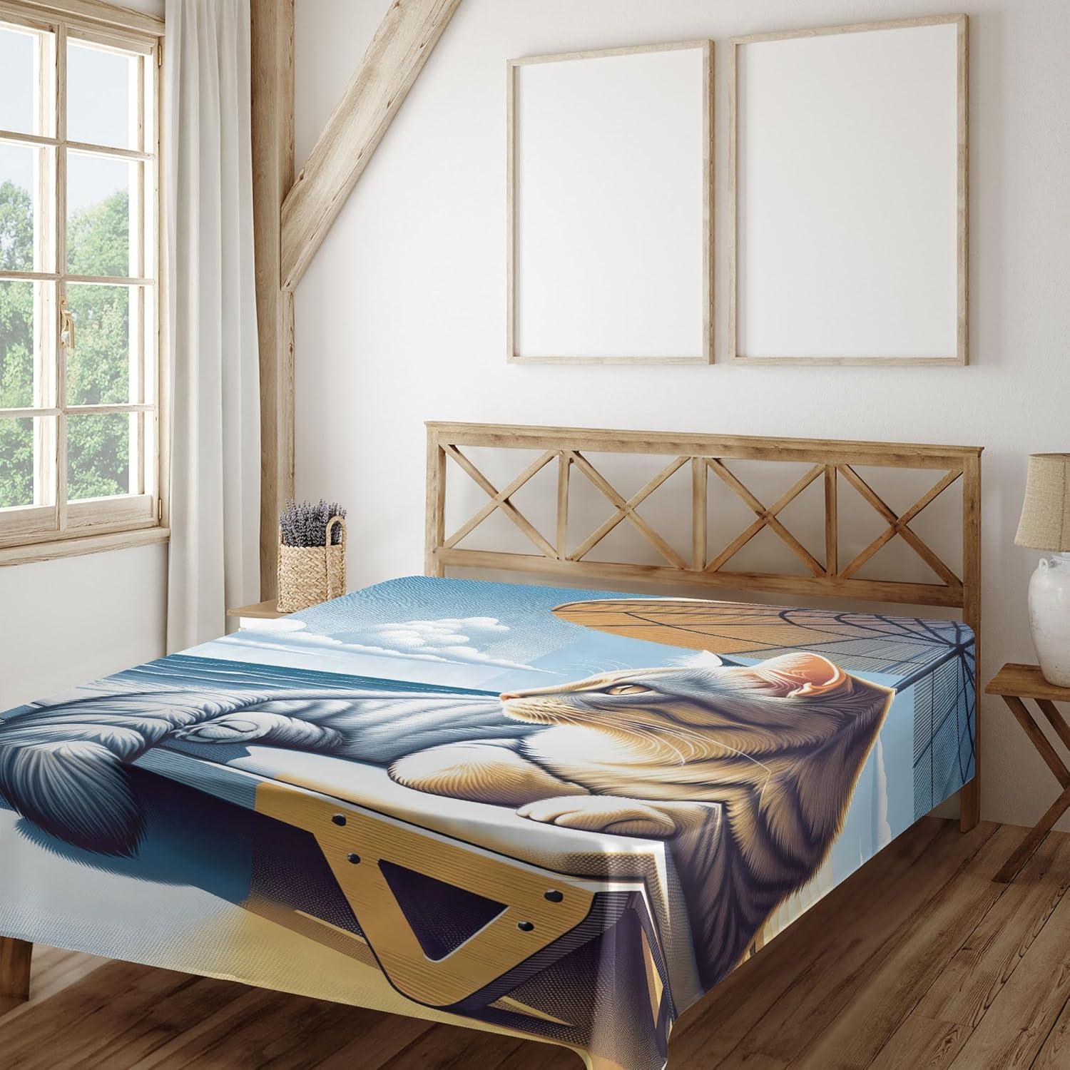 imageAmbesonne Cat Flat Sheet Romantic Date Night of Kitties Drinking Milkshake Cozy Night Scene Valentines Soft and Comfortable Top Sheet Decorative Bedding 1 Piece Full Size Dark Blue ApricotBlue Pale Mustard