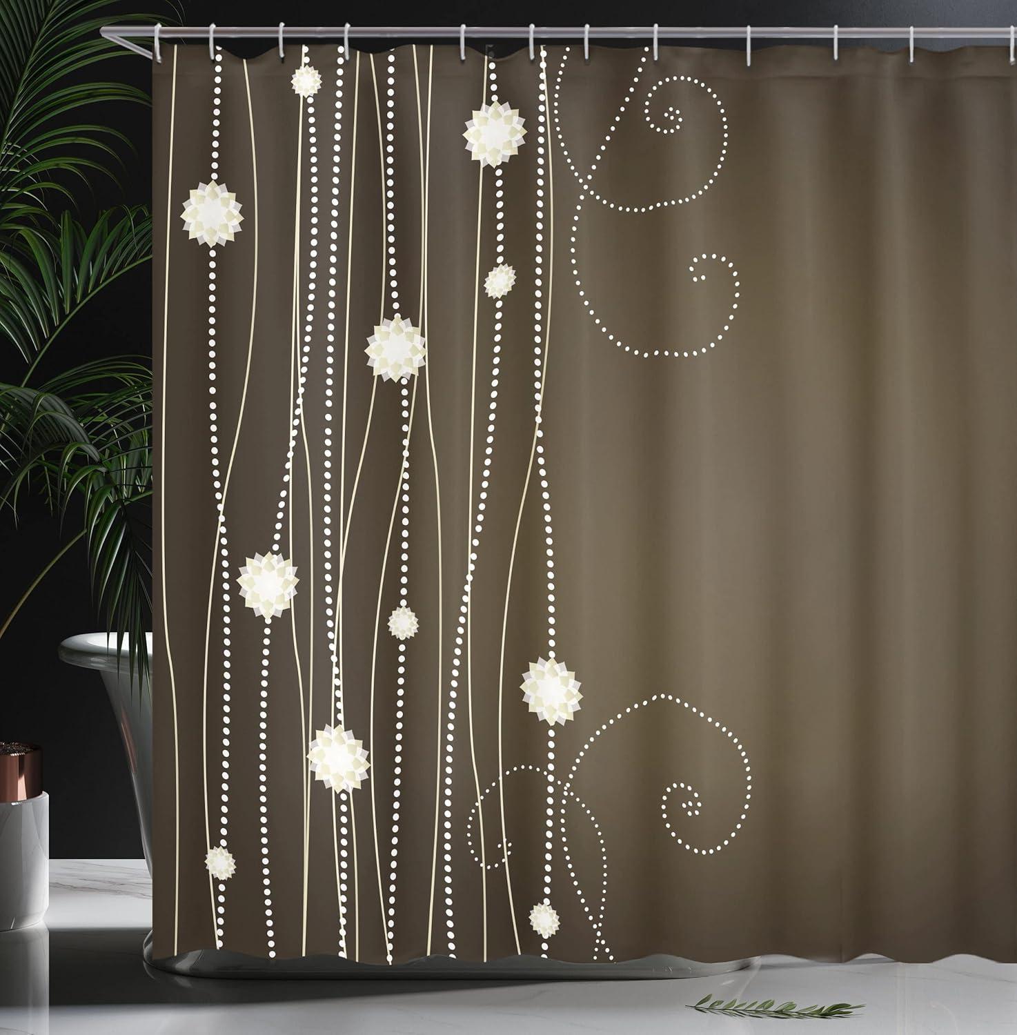 imageAmbesonne Chocolate Shower Curtain Abstract Flowers with Dotted Lines Vintage Inspirations in Romantic Composition Cloth Fabric Bathroom Decor Set with Hooks 69 W x 75 L Beige Brown