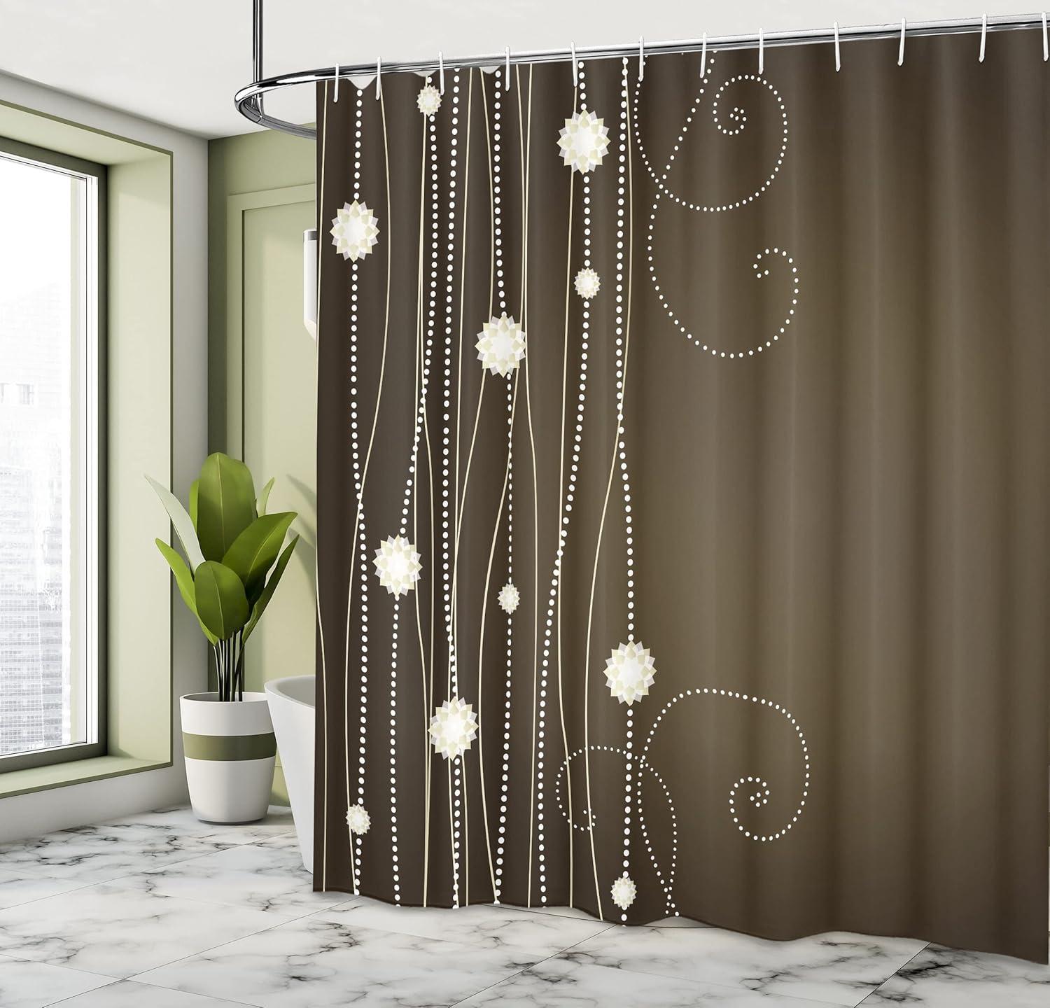 imageAmbesonne Chocolate Shower Curtain Abstract Flowers with Dotted Lines Vintage Inspirations in Romantic Composition Cloth Fabric Bathroom Decor Set with Hooks 69 W x 75 L Beige Brown