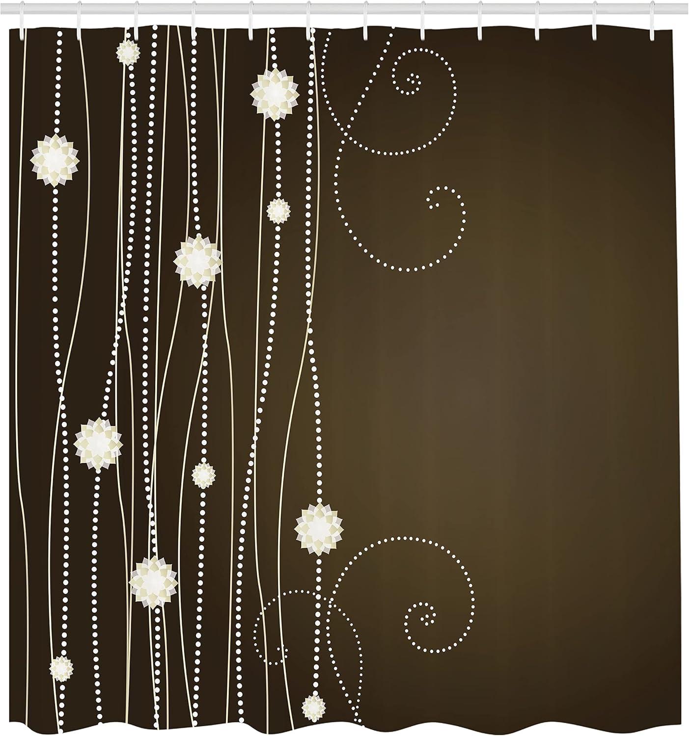 imageAmbesonne Chocolate Shower Curtain Abstract Flowers with Dotted Lines Vintage Inspirations in Romantic Composition Cloth Fabric Bathroom Decor Set with Hooks 69 W x 75 L Beige Brown