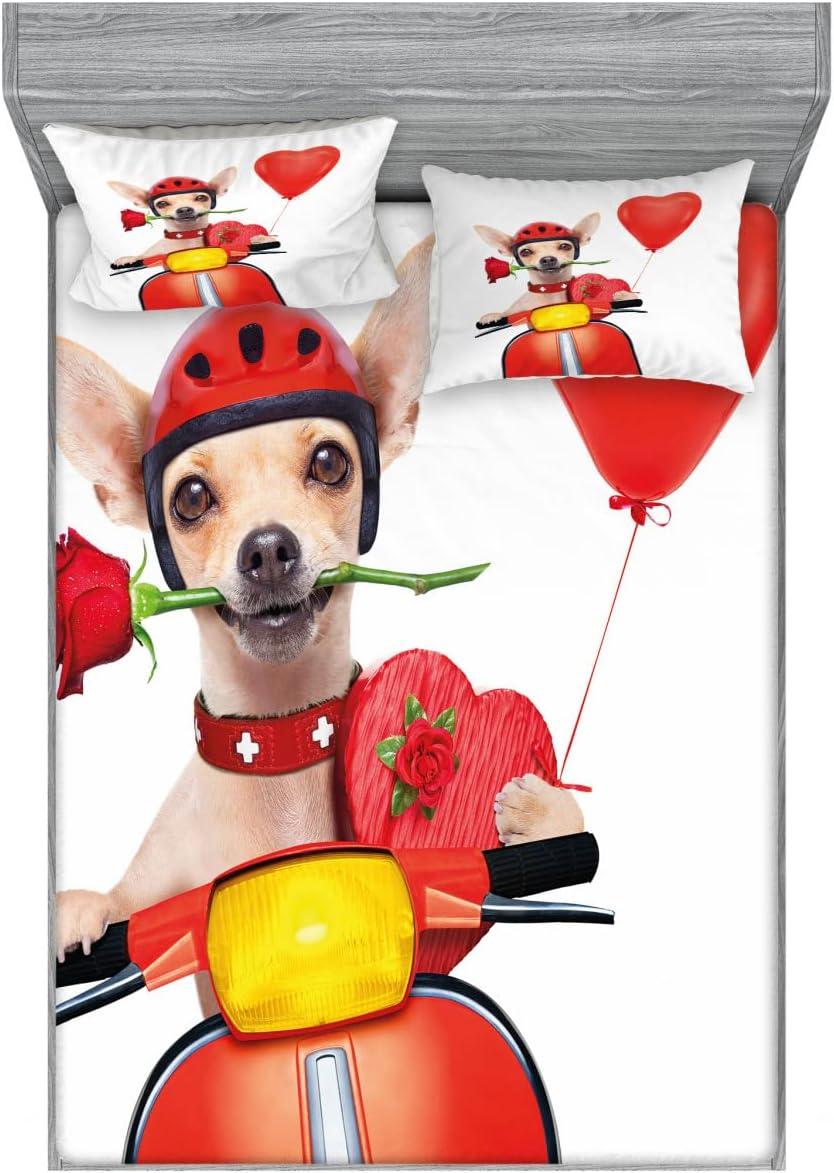 imageAmbesonne Dog Driver Fitted Sheet amp Pillow Sham Set Romantic Chihuahua with Balloon Rose Flower Valentines Love Date Celebration Decorative Printed 2 Piece Bedding Decor Set Twinxl MulticolorMulticolor