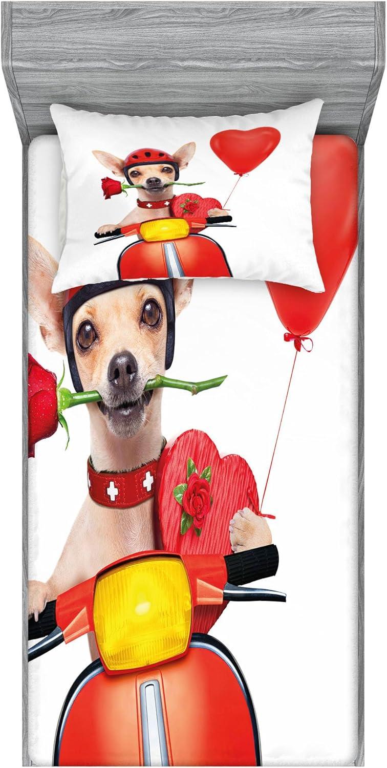 imageAmbesonne Dog Driver Fitted Sheet amp Pillow Sham Set Romantic Chihuahua with Balloon Rose Flower Valentines Love Date Celebration Decorative Printed 2 Piece Bedding Decor Set Twinxl MulticolorMulticolor
