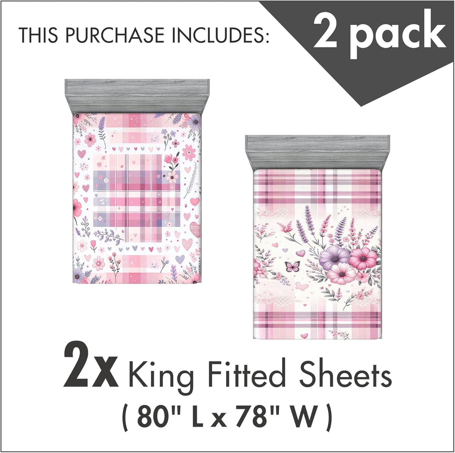 imageAmbesonne Floral Art Fitted Sheet Set Modern Scandi Flowers Leaves on Tartan Plaid Back Butterfly Valentine 2 Pack Comfortable Bedding AllRound Elastic Pocket King Size Blush White Grey Pink
