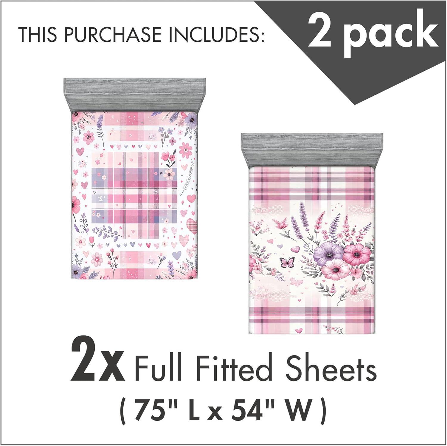 imageAmbesonne Floral Art Fitted Sheet Set Modern Scandi Flowers Leaves on Tartan Plaid Back Butterfly Valentine 2 Pack Comfortable Bedding AllRound Elastic Pocket Full Size Blush White Grey Pink