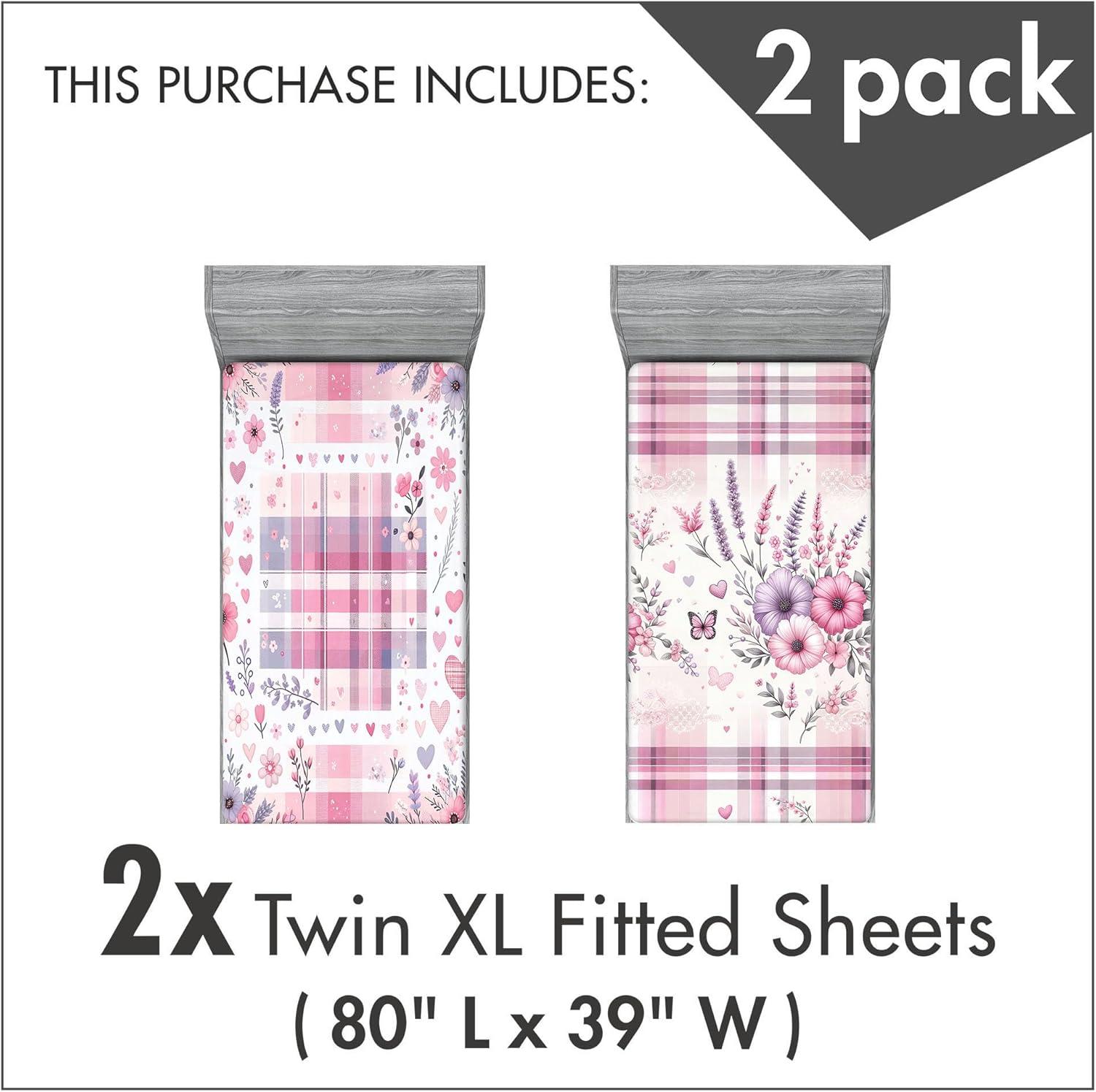 imageAmbesonne Floral Art Fitted Sheet Set Modern Scandi Flowers Leaves on Tartan Plaid Back Butterfly Valentine 2 Pack Comfortable Bedding AllRound Elastic Pocket Twin XL Size Blush White Grey Pink