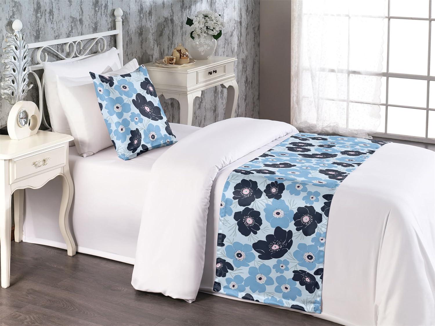 imageAmbesonne Floral Bed Runner Set Romantic Concept Art Featuring Rose Flowers Hearts Leaves Valentine Decorative Bedding Scarf and 2 Pillow Shams for Hotels Homes Queen Pastel Pink and Fern GreenSoft Blue Blue and Black