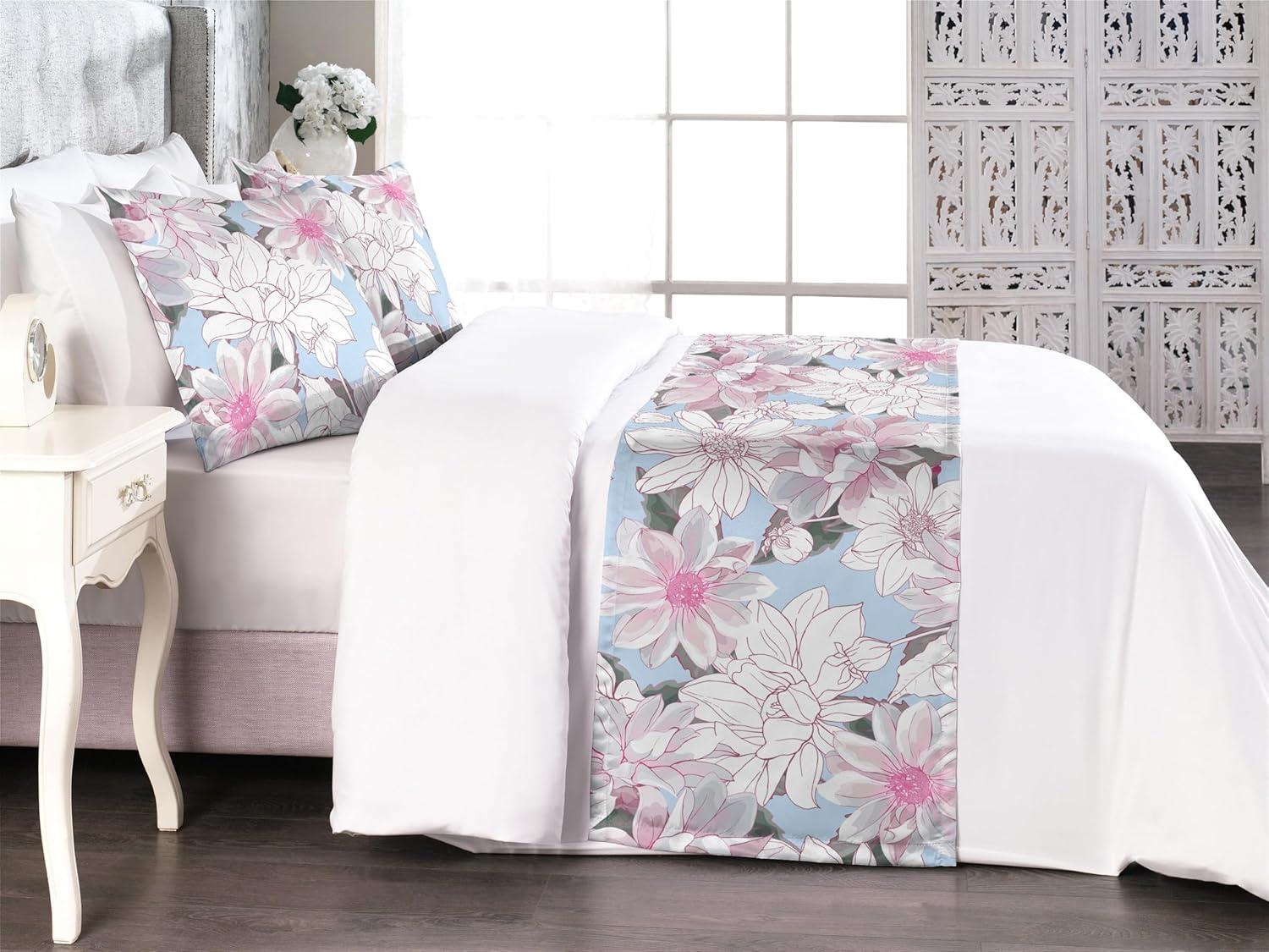 imageAmbesonne Floral Bed Runner Set Romantic Concept Art Featuring Rose Flowers Hearts Leaves Valentine Decorative Bedding Scarf and 2 Pillow Shams for Hotels Homes Queen Pastel Pink and Fern GreenOff White Pink Soft Blue