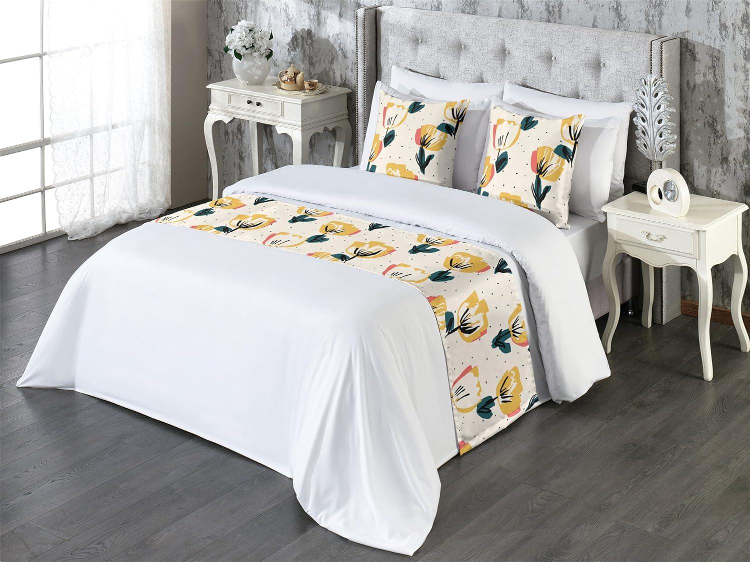 imageAmbesonne Floral Bed Runner Set Romantic Concept Art Featuring Rose Flowers Hearts Leaves Valentine Decorative Bedding Scarf and 2 Pillow Shams for Hotels Homes Queen Pastel Pink and Fern GreenDark Green Mustard Beige