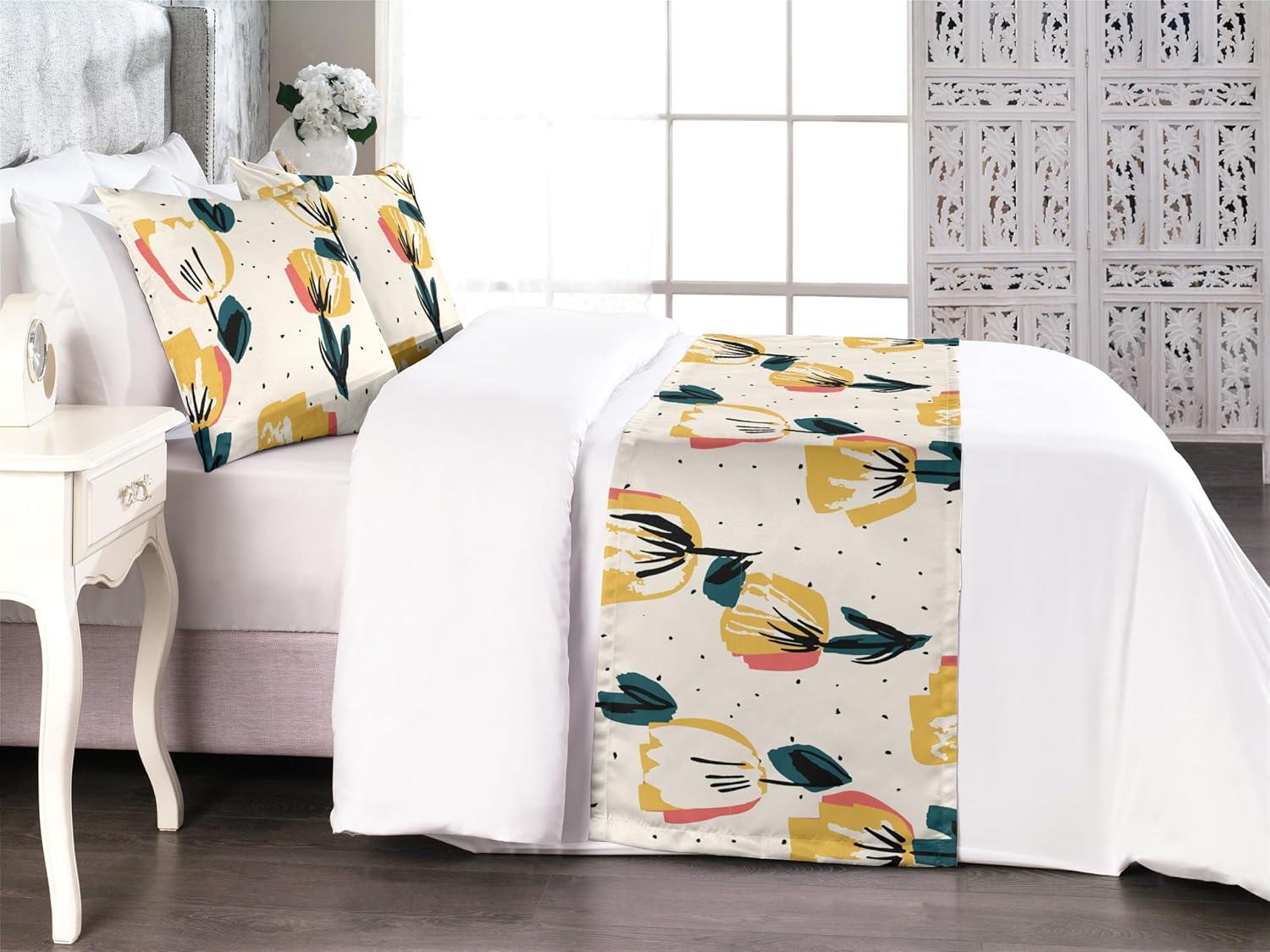 imageAmbesonne Floral Bed Runner Set Romantic Concept Art Featuring Rose Flowers Hearts Leaves Valentine Decorative Bedding Scarf and 2 Pillow Shams for Hotels Homes Queen Pastel Pink and Fern GreenDark Green Mustard Beige