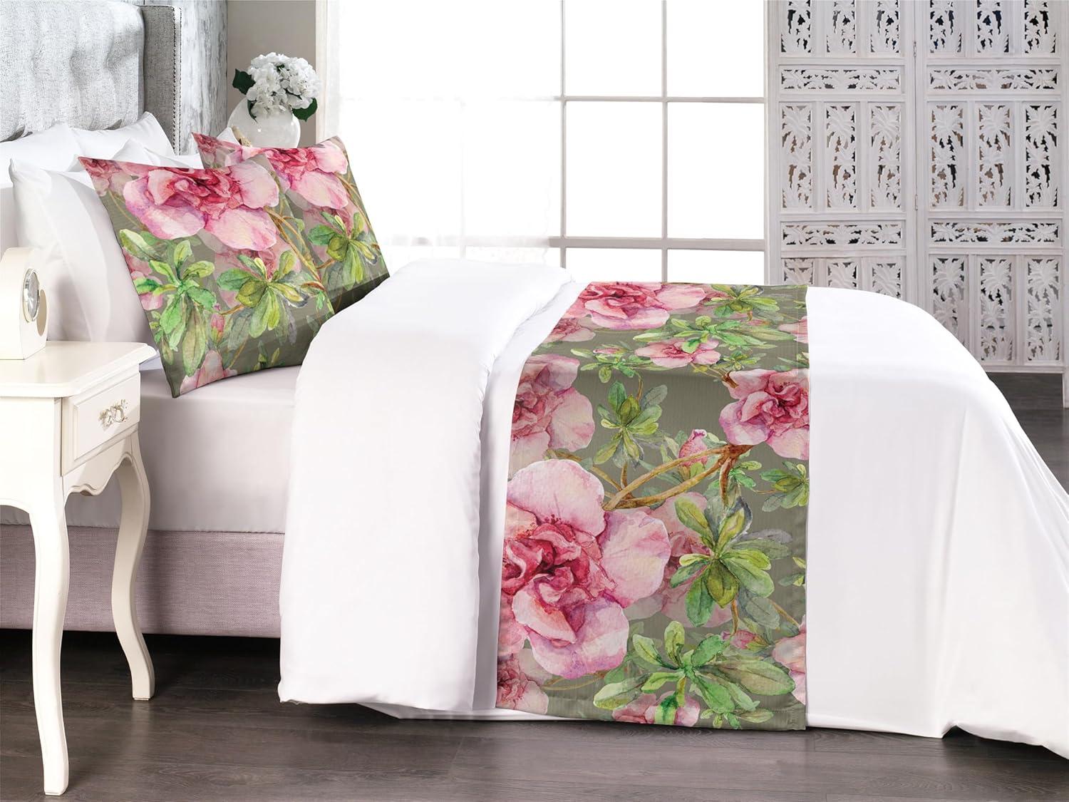 imageAmbesonne Floral Bed Runner Set Romantic Concept Art Featuring Rose Flowers Hearts Leaves Valentine Decorative Bedding Scarf and 2 Pillow Shams for Hotels Homes Queen Pastel Pink and Fern GreenDark Pink and Olive Green