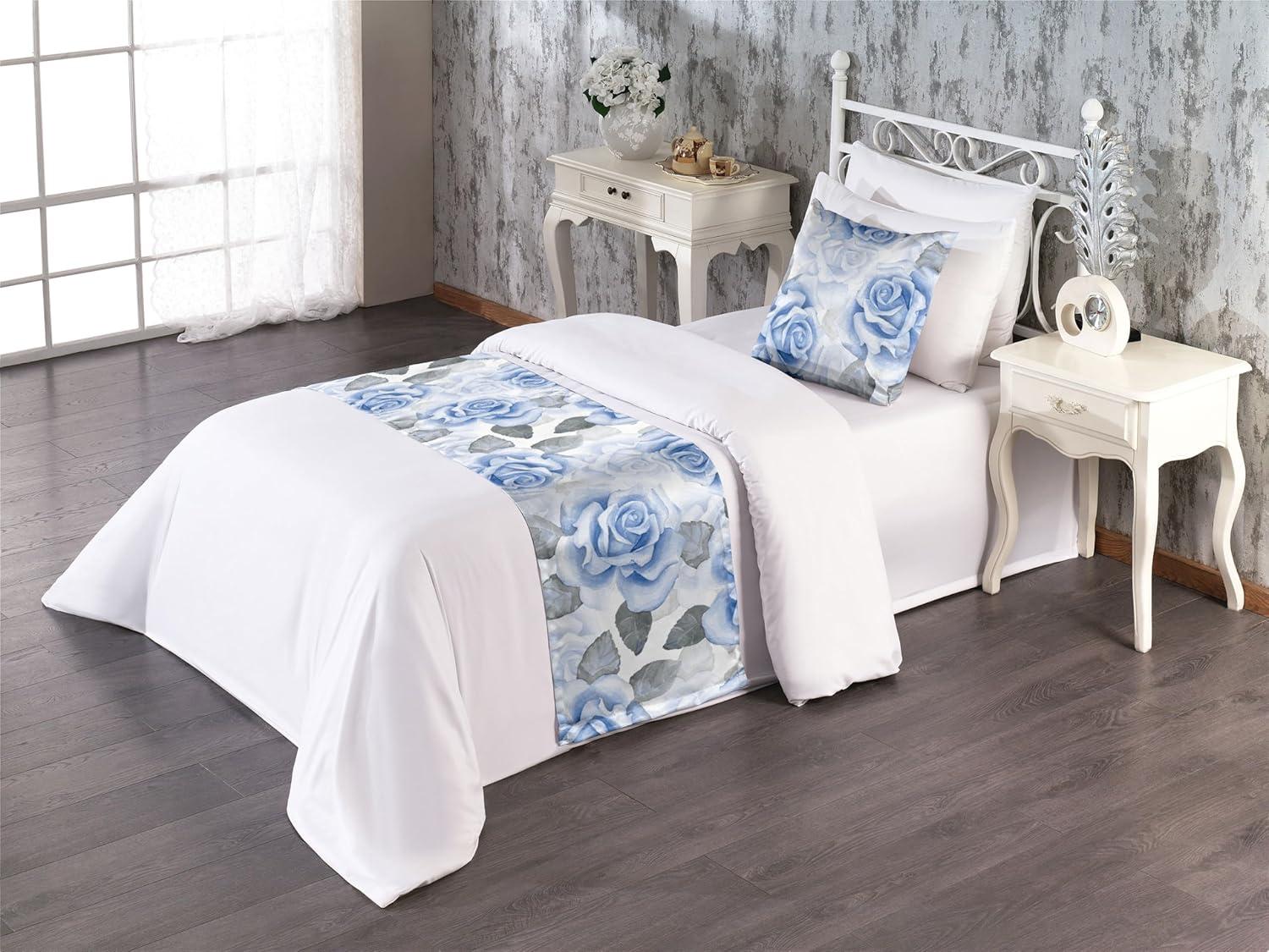 imageAmbesonne Floral Bed Runner Set Romantic Concept Art Featuring Rose Flowers Hearts Leaves Valentine Decorative Bedding Scarf and 2 Pillow Shams for Hotels Homes Queen Pastel Pink and Fern GreenPale Ceil Blue White and Grey