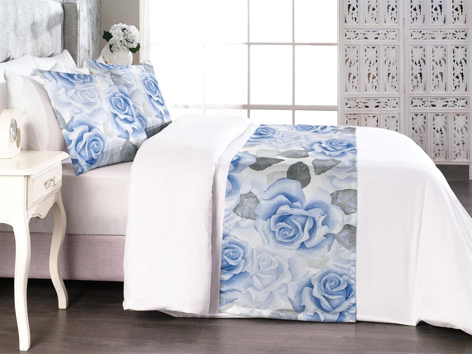 imageAmbesonne Floral Bed Runner Set Romantic Concept Art Featuring Rose Flowers Hearts Leaves Valentine Decorative Bedding Scarf and 2 Pillow Shams for Hotels Homes Queen Pastel Pink and Fern GreenPale Ceil Blue White and Grey