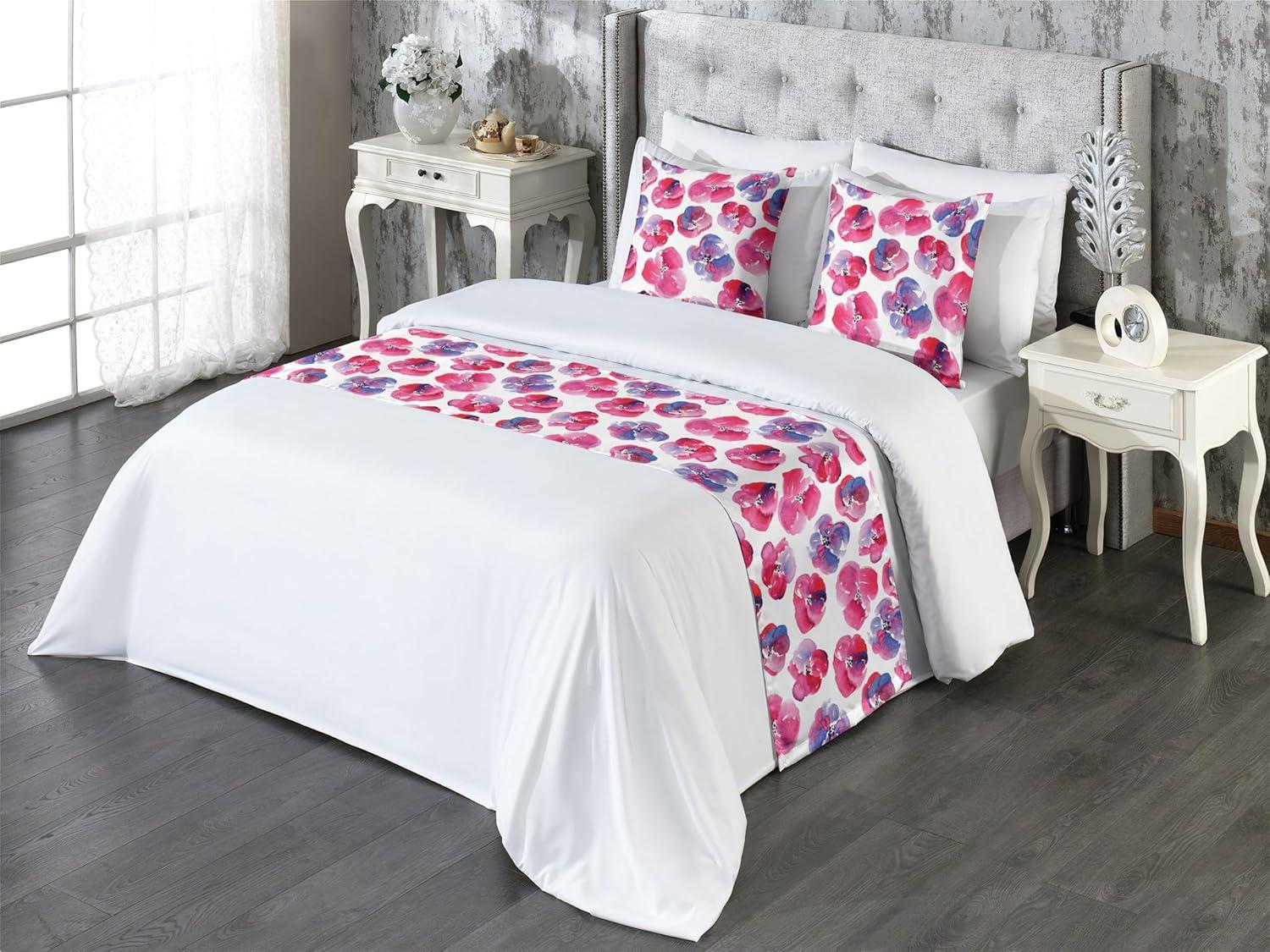 imageAmbesonne Floral Bed Runner Set Romantic Concept Art Featuring Rose Flowers Hearts Leaves Valentine Decorative Bedding Scarf and 2 Pillow Shams for Hotels Homes Queen Pastel Pink and Fern GreenDark Pink and Ceil Blue