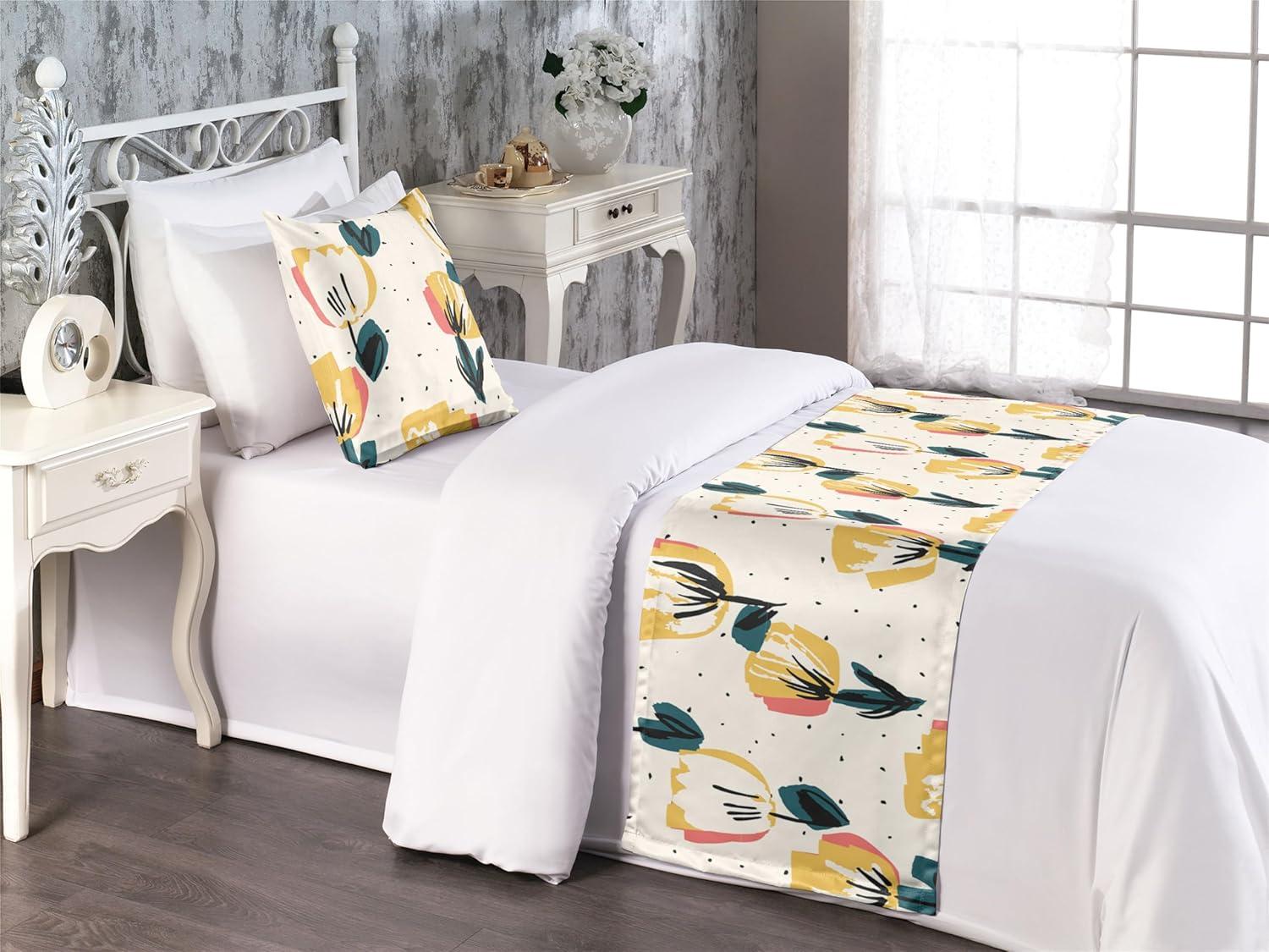 imageAmbesonne Floral Bed Runner Set Romantic Concept Art Featuring Rose Flowers Hearts Leaves Valentine Decorative Bedding Scarf and 2 Pillow Shams for Hotels Homes Queen Pastel Pink and Fern GreenDark Green Mustard Beige