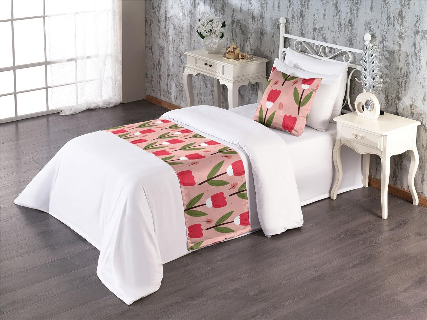 imageAmbesonne Floral Bed Runner Set Romantic Concept Art Featuring Rose Flowers Hearts Leaves Valentine Decorative Bedding Scarf and 2 Pillow Shams for Hotels Homes Queen Pastel Pink and Fern GreenRed Fern Green and Blush