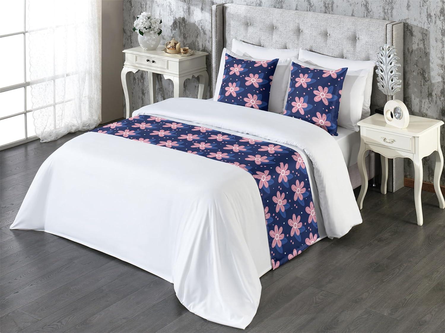 imageAmbesonne Floral Bed Runner Set Romantic Concept Art Featuring Rose Flowers Hearts Leaves Valentine Decorative Bedding Scarf and 2 Pillow Shams for Hotels Homes Queen Pastel Pink and Fern GreenRose Night Blue and Dark Blue