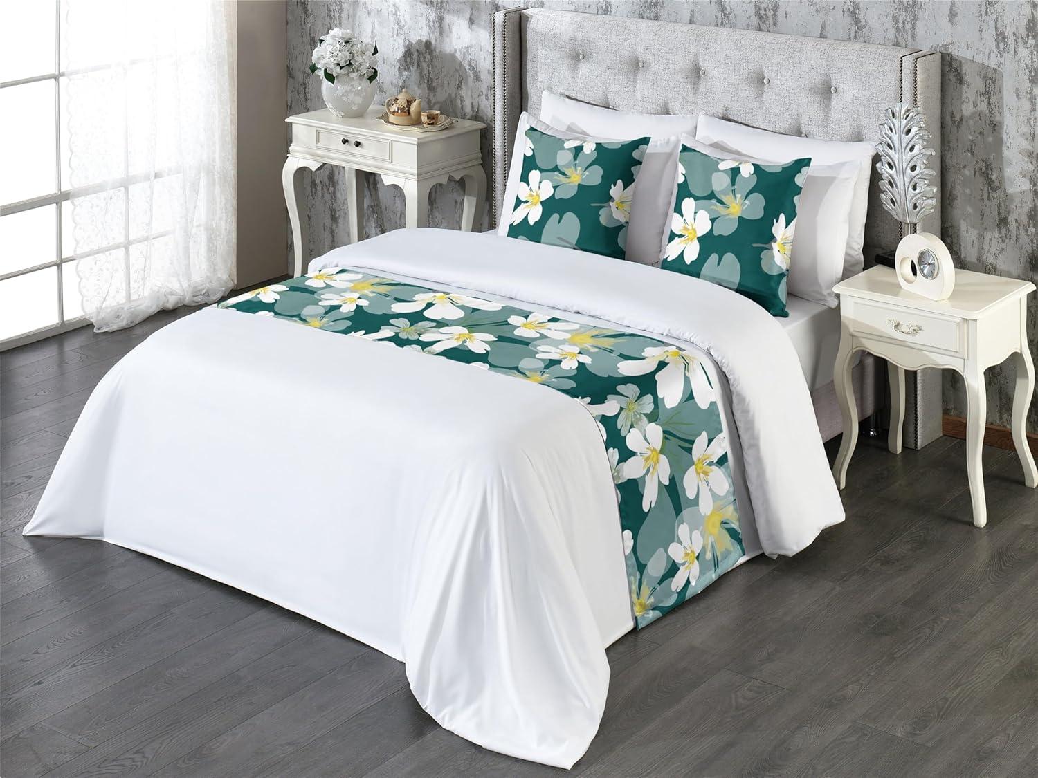 imageAmbesonne Floral Bed Runner Set Romantic Concept Art Featuring Rose Flowers Hearts Leaves Valentine Decorative Bedding Scarf and 2 Pillow Shams for Hotels Homes Queen Pastel Pink and Fern GreenWhite Pale Teal Grey Teal