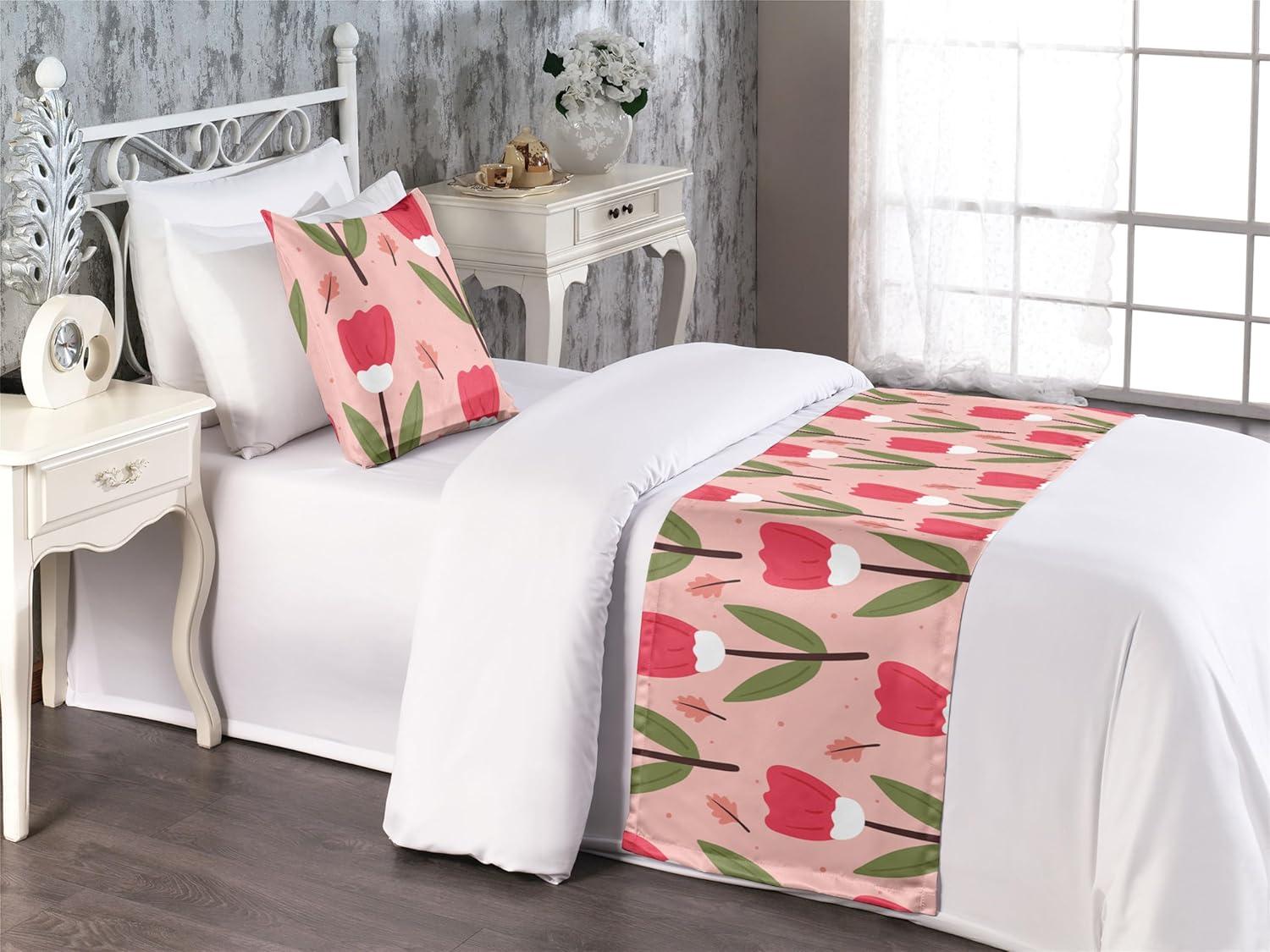 imageAmbesonne Floral Bed Runner Set Romantic Concept Art Featuring Rose Flowers Hearts Leaves Valentine Decorative Bedding Scarf and 2 Pillow Shams for Hotels Homes Queen Pastel Pink and Fern GreenRed Fern Green and Blush