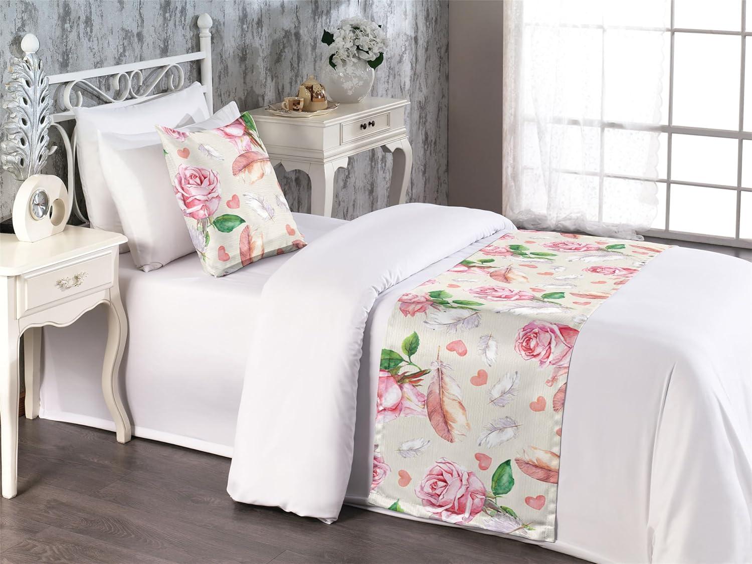 imageAmbesonne Floral Bed Runner Set Romantic Concept Art Featuring Rose Flowers Hearts Leaves Valentine Decorative Bedding Scarf and 2 Pillow Shams for Hotels Homes Queen Pastel Pink and Fern GreenPastel Pink and Fern Green