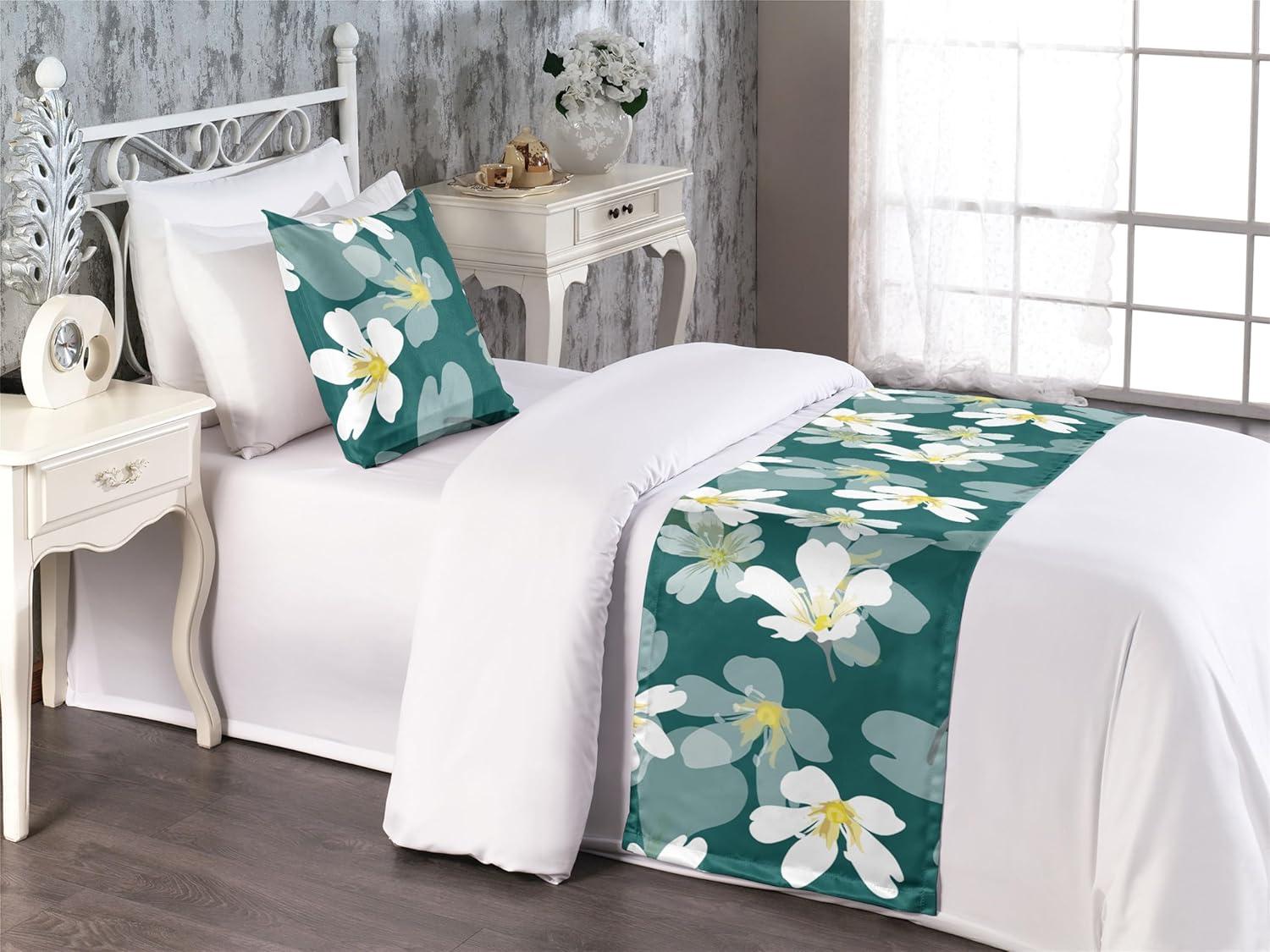 imageAmbesonne Floral Bed Runner Set Romantic Concept Art Featuring Rose Flowers Hearts Leaves Valentine Decorative Bedding Scarf and 2 Pillow Shams for Hotels Homes Queen Pastel Pink and Fern GreenWhite Pale Teal Grey Teal