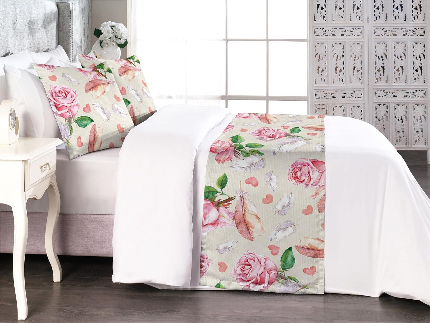 imageAmbesonne Floral Bed Runner Set Romantic Concept Art Featuring Rose Flowers Hearts Leaves Valentine Decorative Bedding Scarf and 2 Pillow Shams for Hotels Homes Queen Pastel Pink and Fern GreenPastel Pink and Fern Green