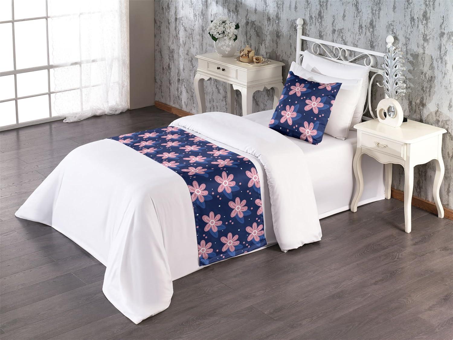 imageAmbesonne Floral Bed Runner Set Romantic Concept Art Featuring Rose Flowers Hearts Leaves Valentine Decorative Bedding Scarf and 2 Pillow Shams for Hotels Homes Queen Pastel Pink and Fern GreenRose Night Blue and Dark Blue