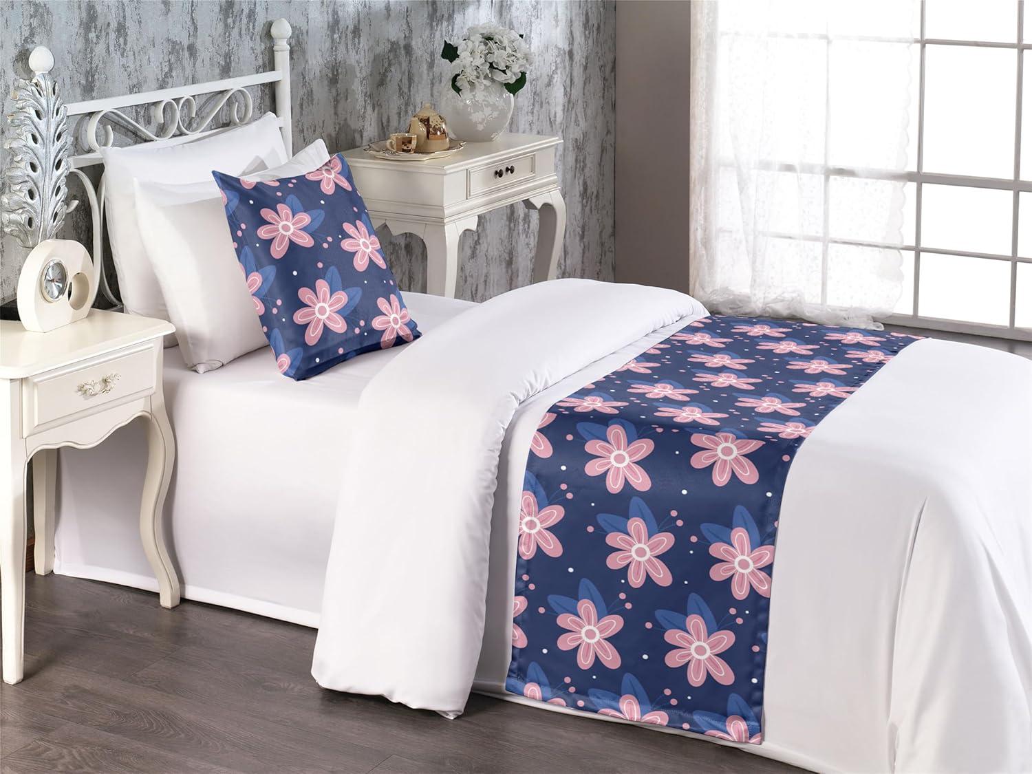 imageAmbesonne Floral Bed Runner Set Romantic Concept Art Featuring Rose Flowers Hearts Leaves Valentine Decorative Bedding Scarf and 2 Pillow Shams for Hotels Homes Queen Pastel Pink and Fern GreenRose Night Blue and Dark Blue