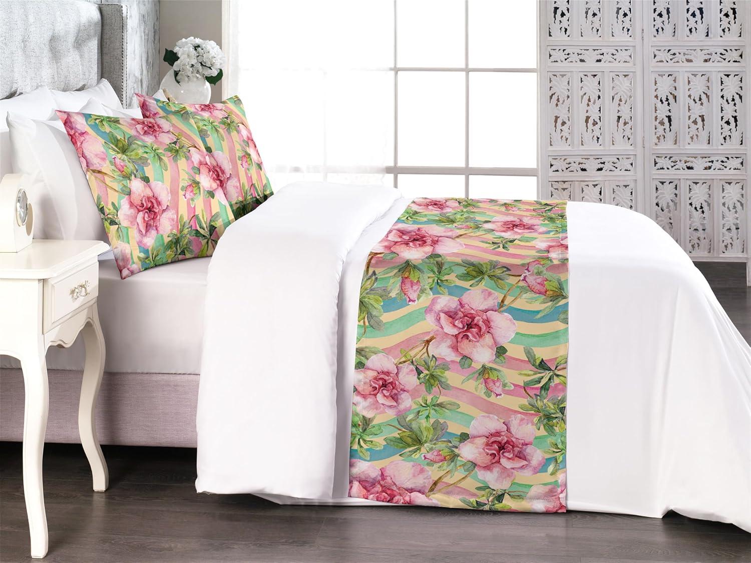 imageAmbesonne Floral Bed Runner Set Romantic Concept Art Featuring Rose Flowers Hearts Leaves Valentine Decorative Bedding Scarf and 2 Pillow Shams for Hotels Homes Queen Pastel Pink and Fern GreenPastel Pink and Olive Green