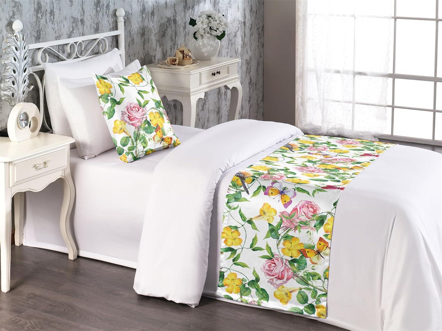 imageAmbesonne Floral Bed Runner Set Romantic Concept Art Featuring Rose Flowers Hearts Leaves Valentine Decorative Bedding Scarf and 2 Pillow Shams for Hotels Homes Queen Pastel Pink and Fern GreenMustard and Pale Olive Green