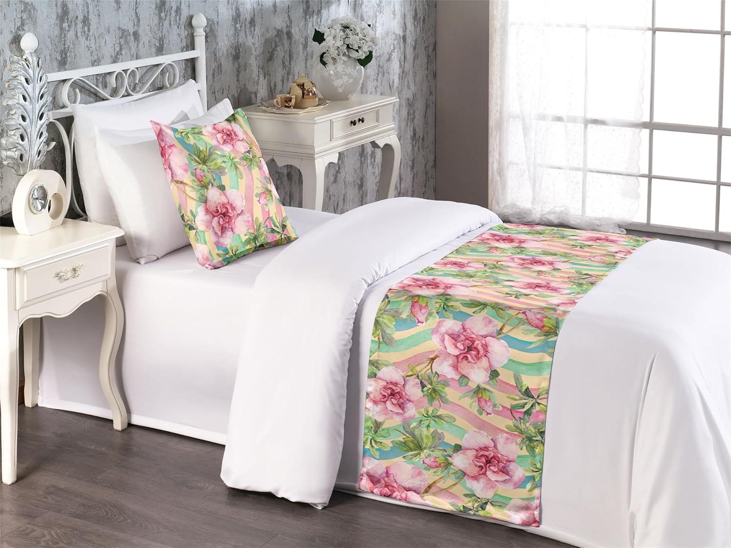 imageAmbesonne Floral Bed Runner Set Romantic Concept Art Featuring Rose Flowers Hearts Leaves Valentine Decorative Bedding Scarf and 2 Pillow Shams for Hotels Homes Queen Pastel Pink and Fern GreenPastel Pink and Olive Green