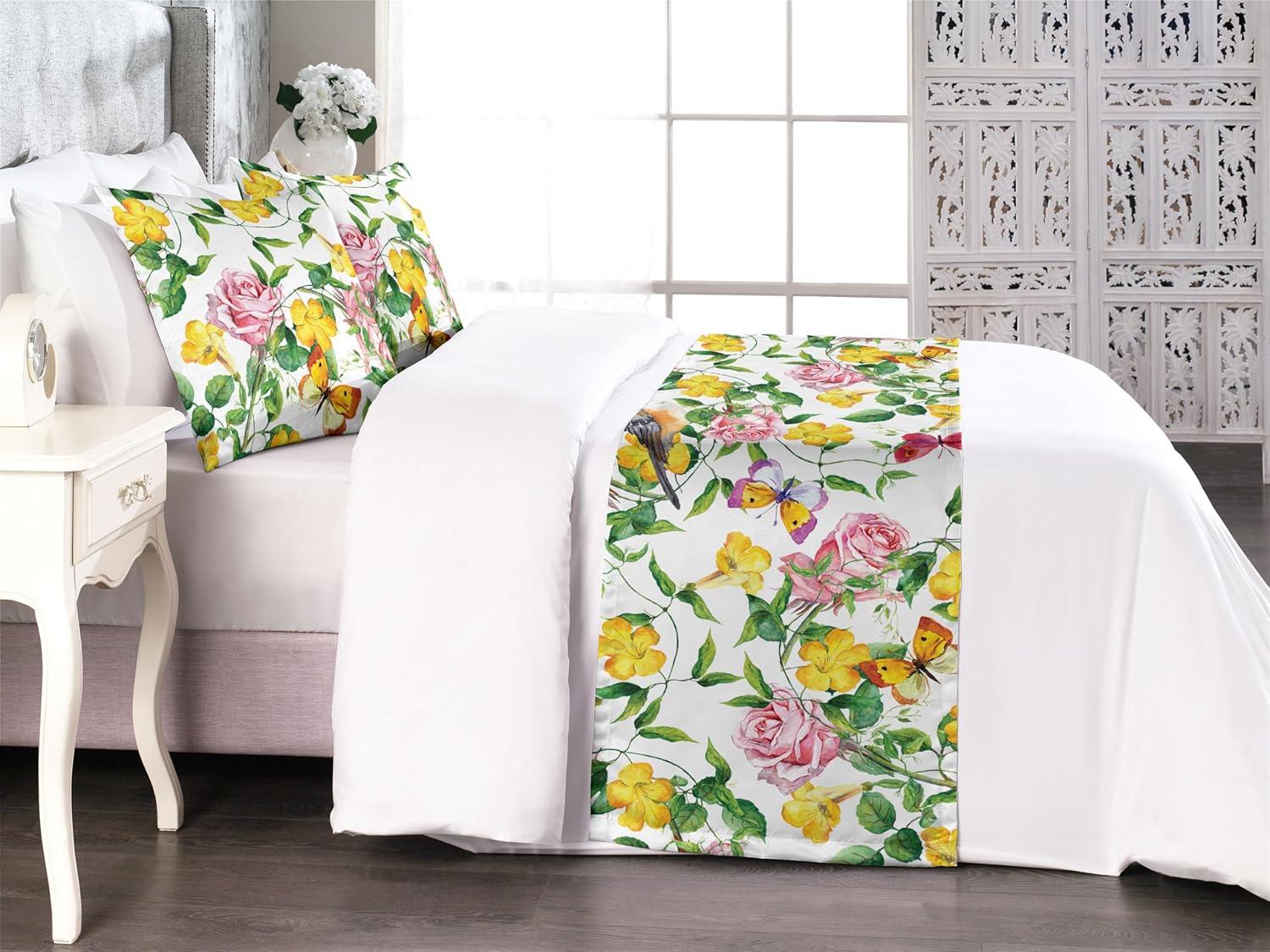 imageAmbesonne Floral Bed Runner Set Romantic Concept Art Featuring Rose Flowers Hearts Leaves Valentine Decorative Bedding Scarf and 2 Pillow Shams for Hotels Homes Queen Pastel Pink and Fern GreenMustard and Pale Olive Green