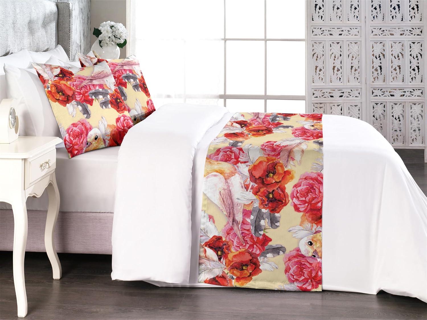 imageAmbesonne Floral Bed Runner Set Romantic Concept Art Featuring Rose Flowers Hearts Leaves Valentine Decorative Bedding Scarf and 2 Pillow Shams for Hotels Homes Queen Pastel Pink and Fern GreenDark Coral and Pale Orange