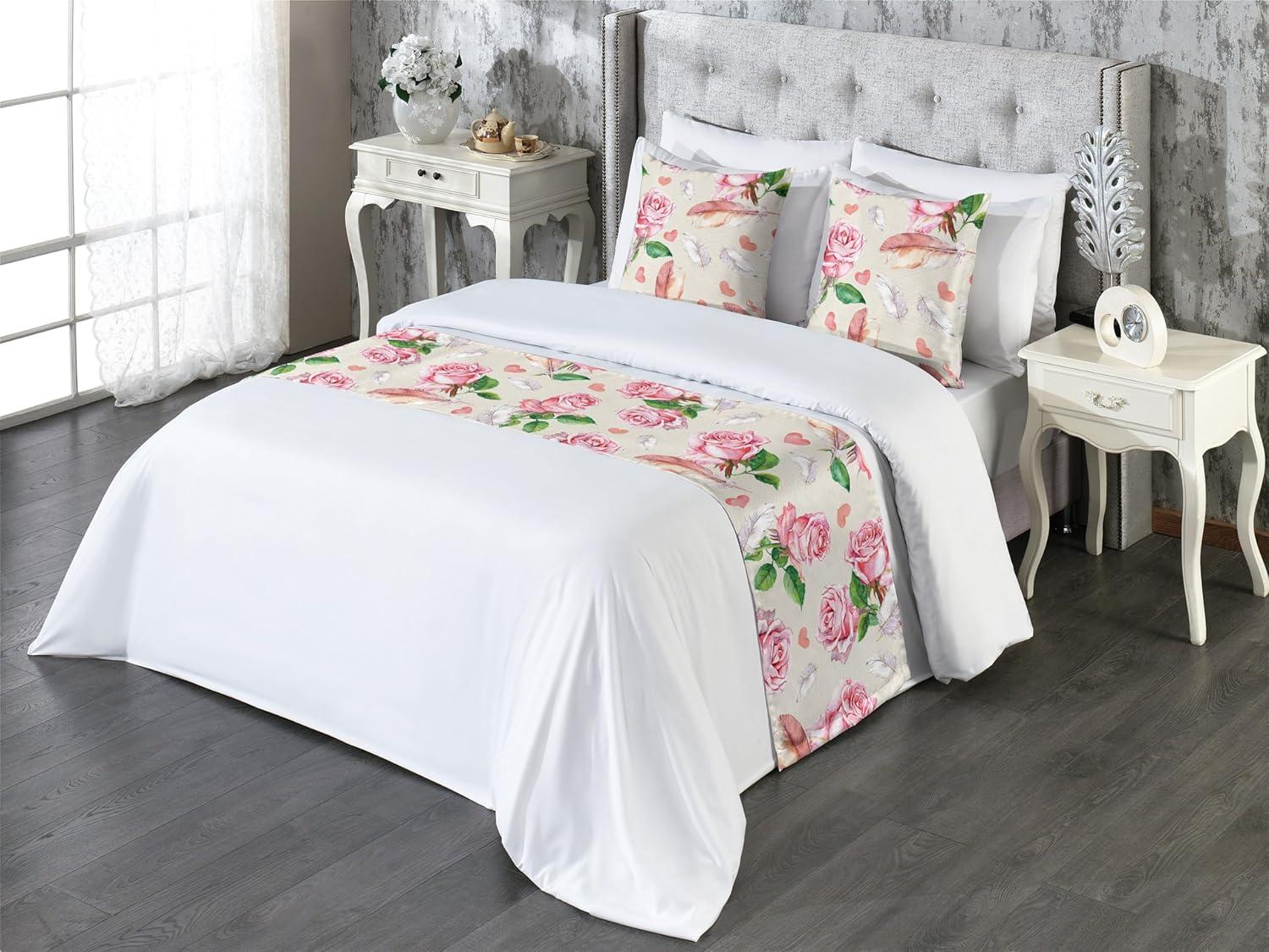 imageAmbesonne Floral Bed Runner Set Romantic Concept Art Featuring Rose Flowers Hearts Leaves Valentine Decorative Bedding Scarf and 2 Pillow Shams for Hotels Homes Queen Pastel Pink and Fern GreenPastel Pink and Fern Green