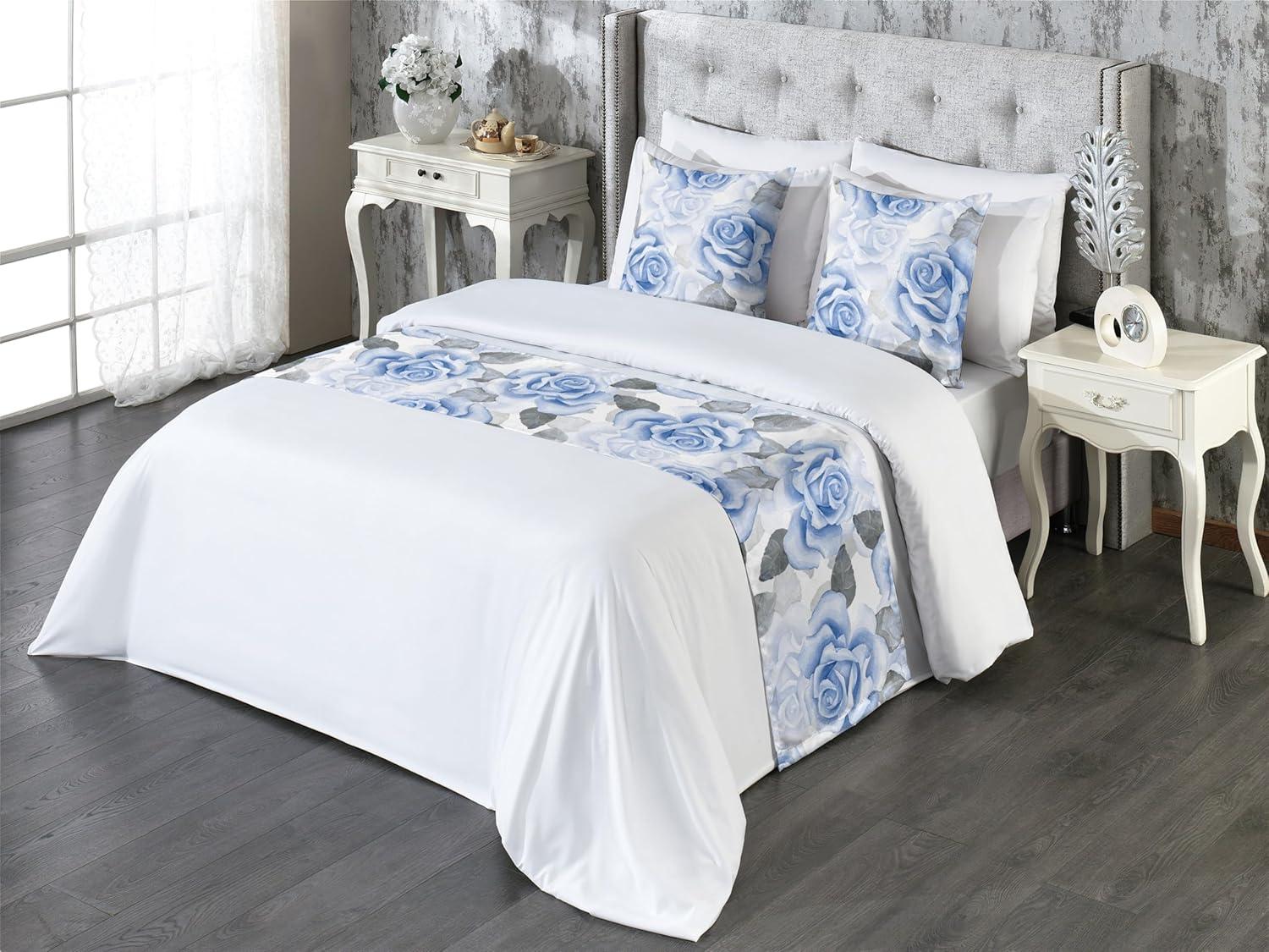 imageAmbesonne Floral Bed Runner Set Romantic Concept Art Featuring Rose Flowers Hearts Leaves Valentine Decorative Bedding Scarf and 2 Pillow Shams for Hotels Homes Queen Pastel Pink and Fern GreenPale Ceil Blue White and Grey