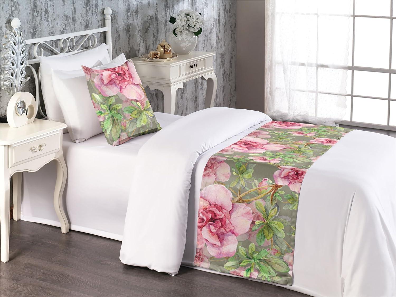 imageAmbesonne Floral Bed Runner Set Romantic Concept Art Featuring Rose Flowers Hearts Leaves Valentine Decorative Bedding Scarf and 2 Pillow Shams for Hotels Homes Queen Pastel Pink and Fern GreenDark Pink and Olive Green