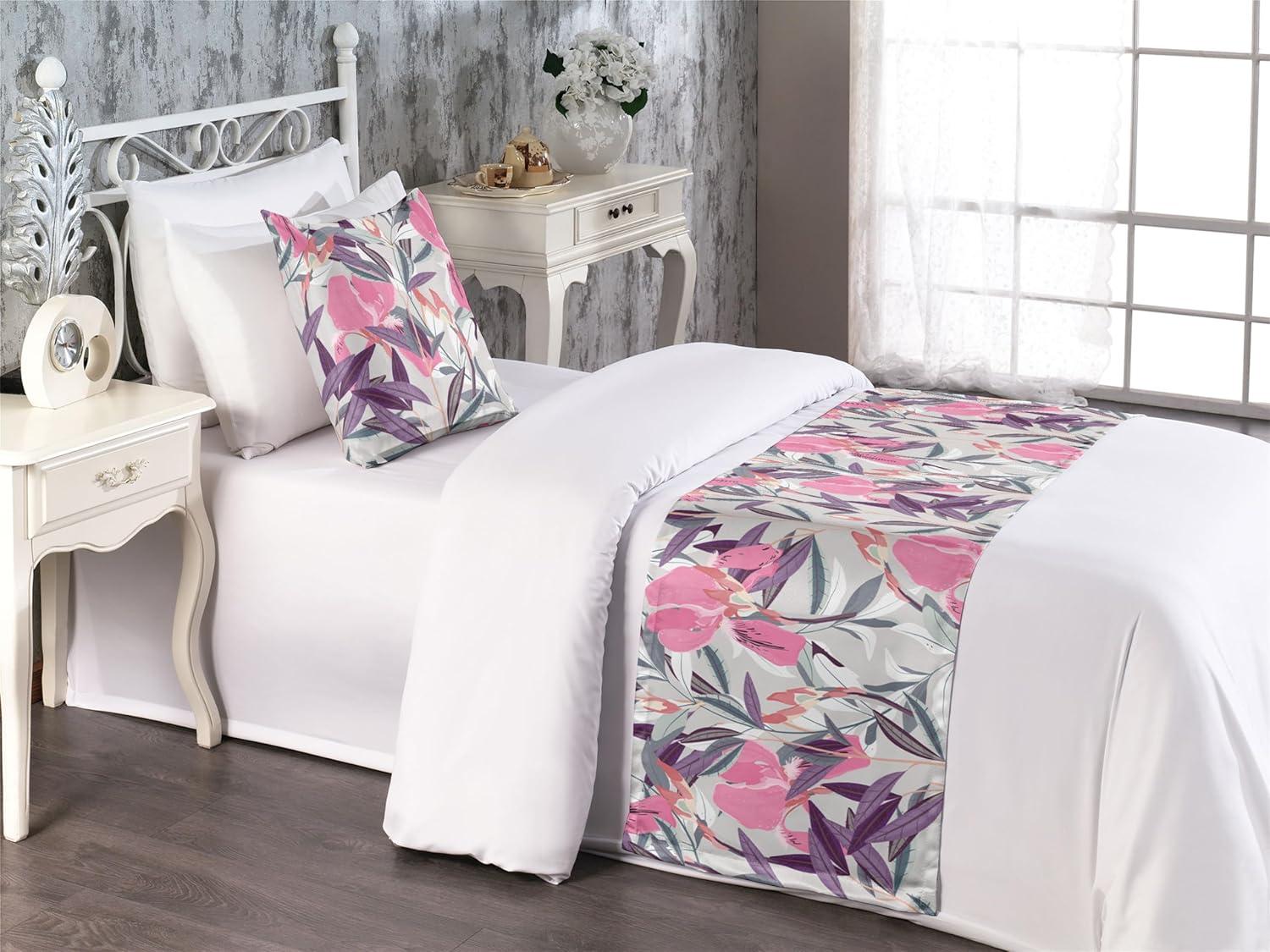 imageAmbesonne Floral Bed Runner Set Valentines Day Concept Art Pastel Repetitive Roses Pattern Plot Decorative Bedding Scarf and a Pillow Sham for Hotels Homes Twin Dark Pink Blush and WhitePink Violet and Pale Grey